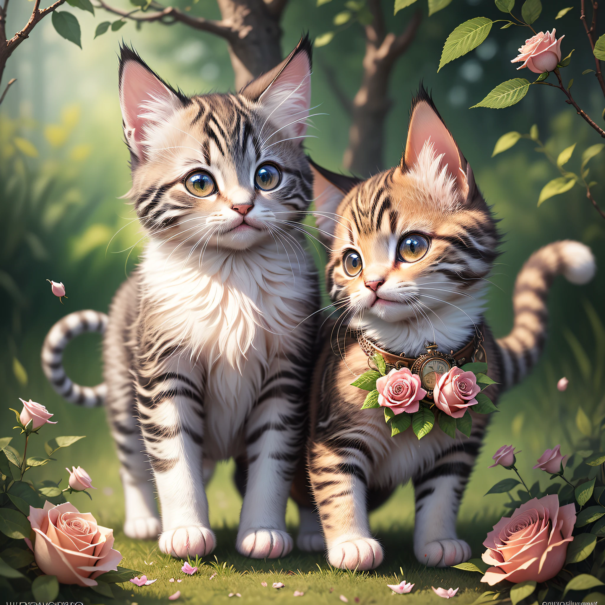 Photos, photo-like quality, ultra-detailed CG art, adorable kitten surrounded by ethereal roses, kitten, one, non-human, highest quality, high resolution, intricate details, fantasy, cute animals, best expression, running on grass, standing on hind legs, holding a pocket watch with front paws