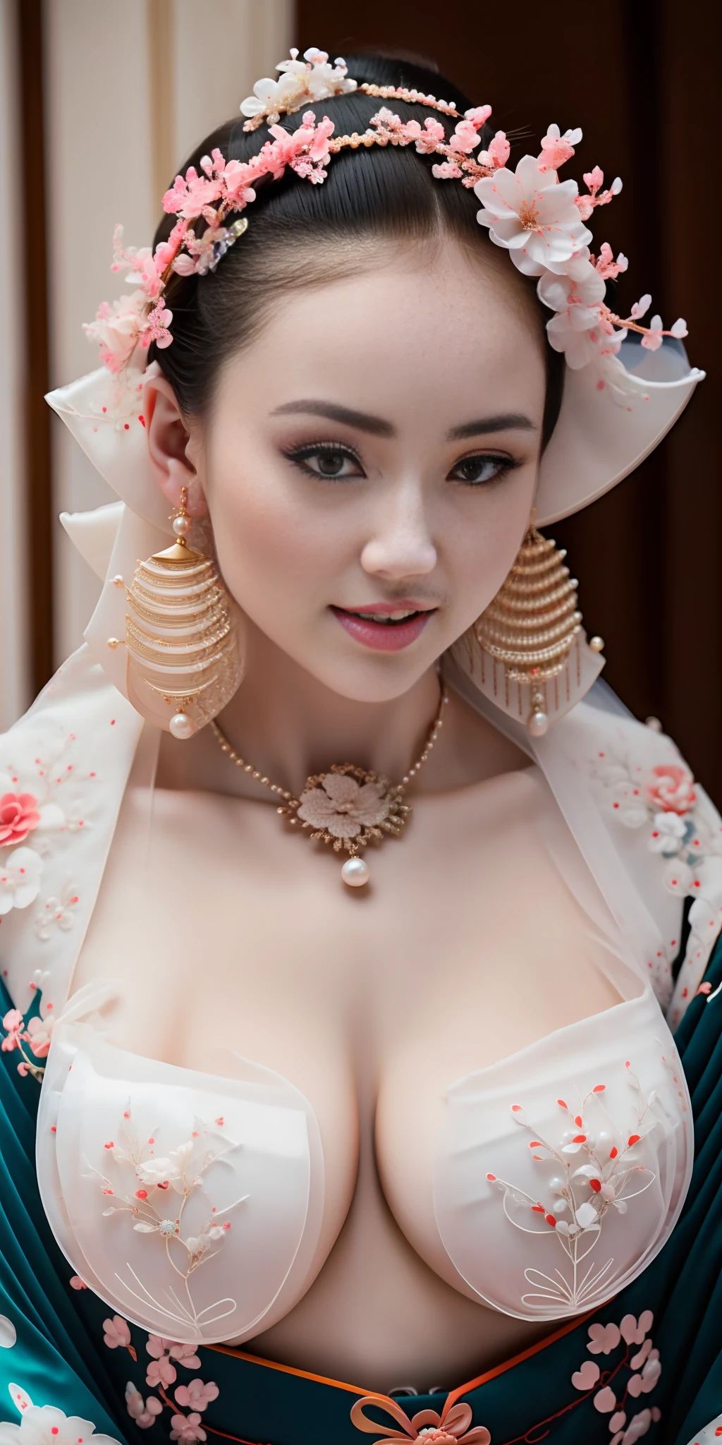 Medium close up, Beautiful bedroom interior, Bed, beautiful russian girl, (open yukata kimono to nipple tip: 0.9), nsfw, take off clothes, (nipple tip), UHD, 32k, reality, photo, real, albino, bright blue eyes  , blue earrings, jewelry, pearl necklace, collar, seductive smile, extremely beautiful eyes, delicate perfect face, perfect hand, maximum precision, precise perfect human body structure, appeal to the audience, skin moisturizing, dynamic angle --auto --s2