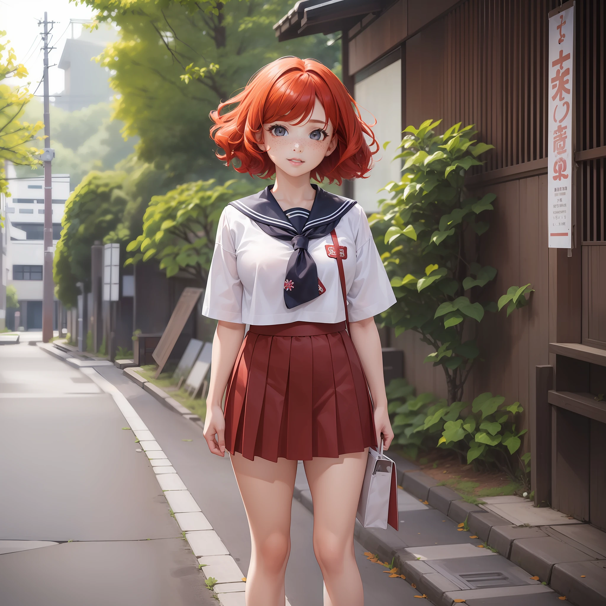 1 Beautiful Girl, Best Quality (8K), Face ((Japan persons) (Freckles) (Adult) (Highest quality quality) (8K))), Perfect body line (8 heads), Full body appearance (standing), Natural perm of red hair , Short bob hair, Big, High school girl sailor suit, 18 years old