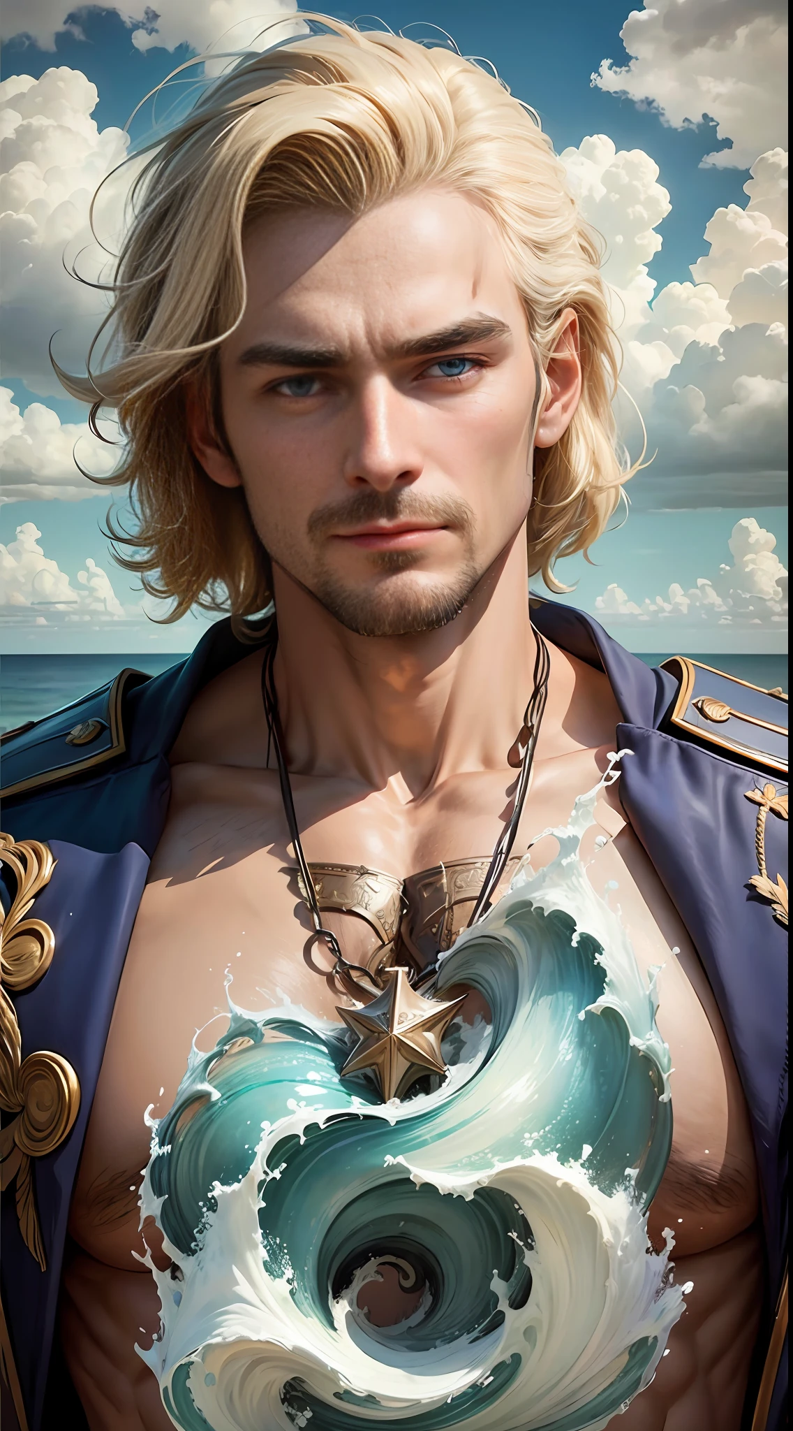 (Masterpiece, best quality), 1 male, mature, age: 1.4, tall muscular man, broad shoulders, delicate eyes and detailed face, extremely detailed CG unified 8k wallpaper, intricate details, fantasy, royal, noble, admiral, short hair, blonde, blue eyes, fleet commander, navy, commander, only white shorts, shirtless, ocean, cloudy sky, waves --auto --s2