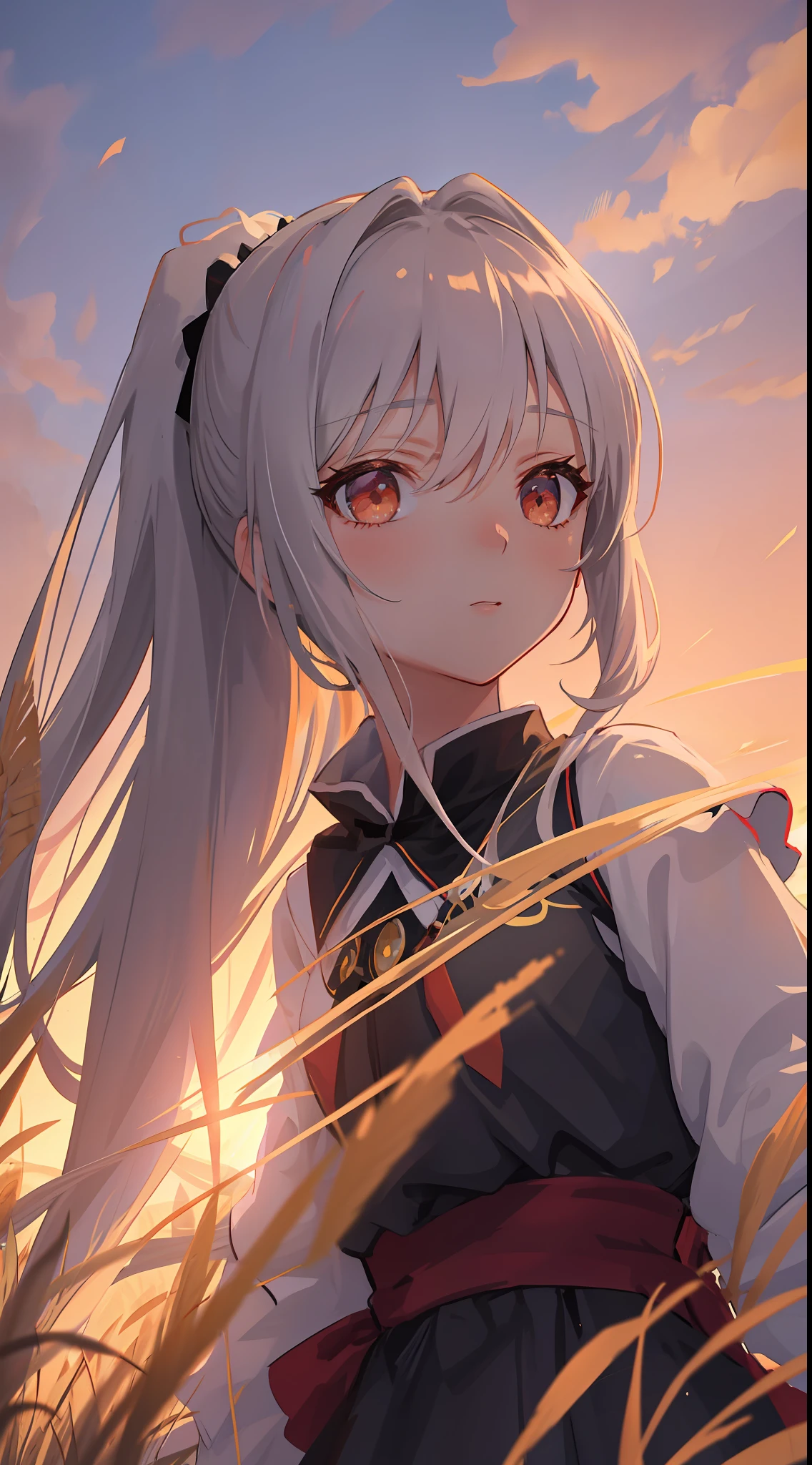 Masterpiece, Superb Anime Style, Girly, Super Delicate Face, Super High Resolution, Delicate Face, Delicate Eyes, Eye Details, Face Details, Finger Details, Stunning Face, 1girl, Portrait, Silver Hair, High Ponytail, Ponytail, Red Eye, Samurai, Wheat Landscape, Wheat Field, Sunset, Sun, Clouds, (Neutral Color), (HDR:1.4), Simple Background, Background Blur, Stunning Lighting, C4D, OC Rendering, Movie Edge Light, Fine Light,