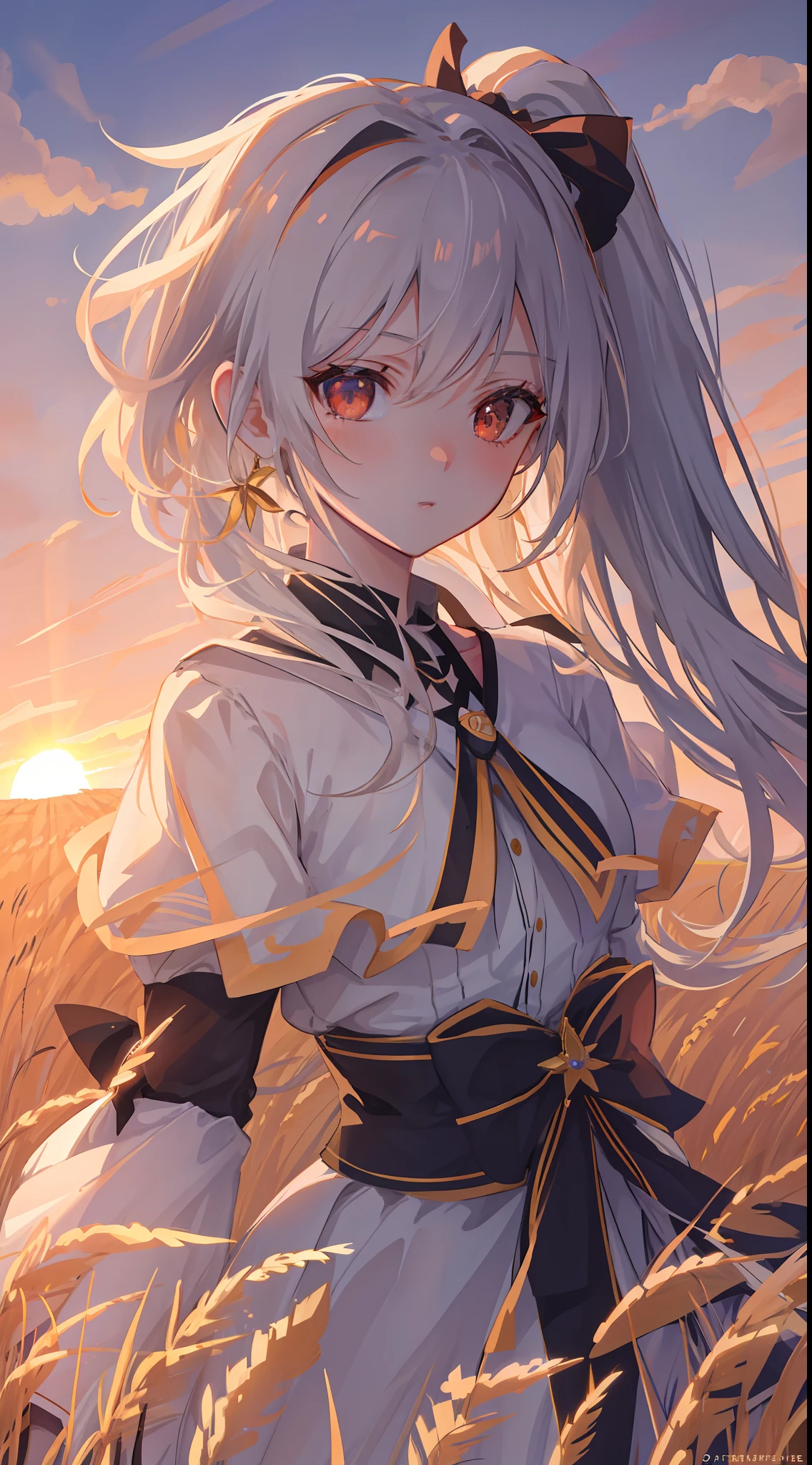 Masterpiece, Superb Anime Style, Girly, Super Delicate Face, Super High Resolution, Delicate Face, Delicate Eyes, Eye Details, Face Details, Finger Details, Stunning Face, 1girl, Portrait, Silver Hair, High Ponytail, Ponytail, Red Eye, Samurai, Wheat Landscape, Wheat Field, Sunset, Sun, Clouds, (Neutral Color), (HDR:1.4), Simple Background, Background Blur, Stunning Lighting, C4D, OC Rendering, Movie Edge Light, Fine Light,