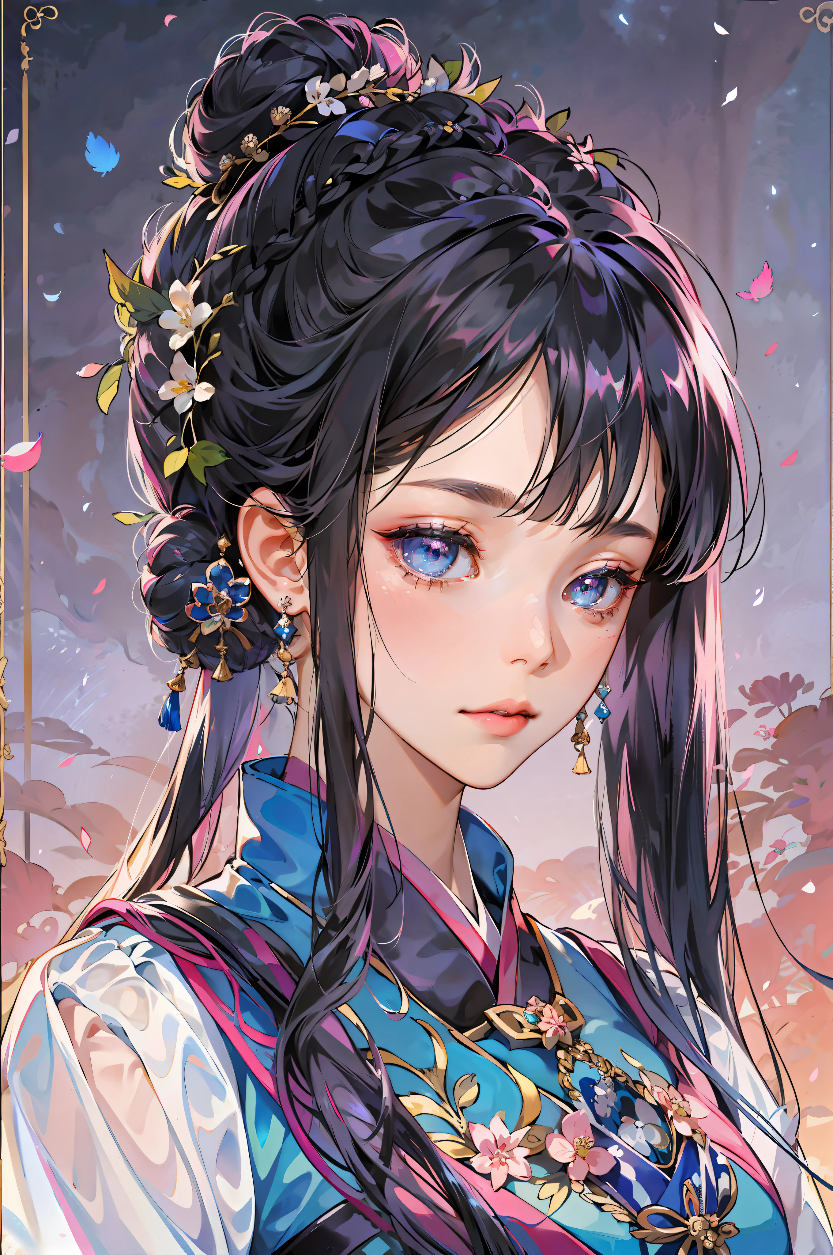 Absurd, High Resolution, Ultra Detailed, 1Girl, Mature Royal Sister, Solo, Very Detailed Eyes, Delicate Eyes, Smart Eyes, Braided Bun, Asymmetrical Bangs, Wearing Earrings, Pink Silk Hanfu, Masterpiece, Dark Night, Official Art Illustration, Night, Gaze Screen, 4K, Hazy, Fairy Fluttering, Disappointed, Portrait on the Front