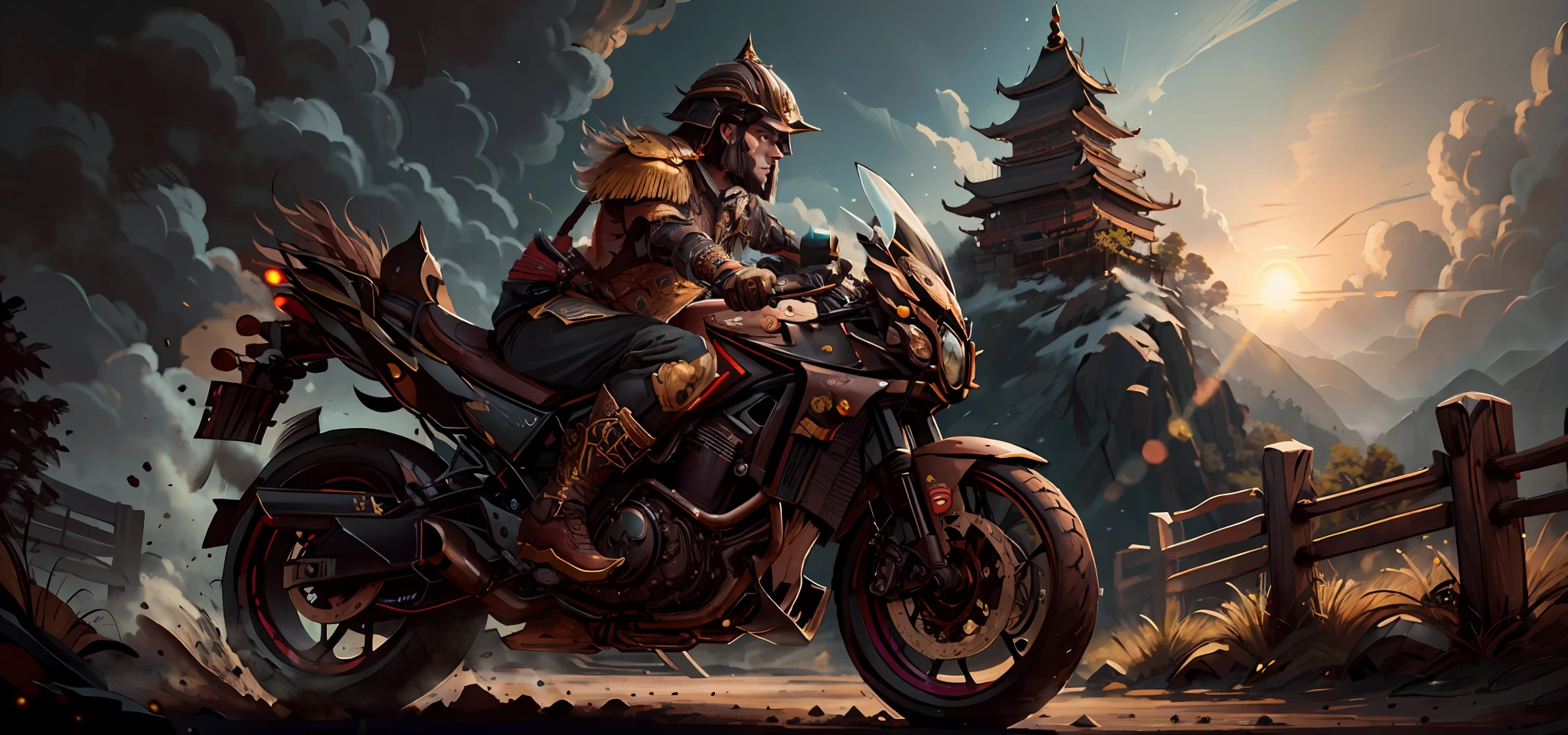 JavaPunkAI, man, wearing chinoiserie armor, ((wearing dark brown helmet)), motorcycle ride, on mountain road, background is bright sunset over ocean, fast moving, motion blur, backlight, low profile, silhouette, warm color, film composition, best quality, 4k, 8k, super high resolution, sharp focus, intricate texture, 200mm f4 lens