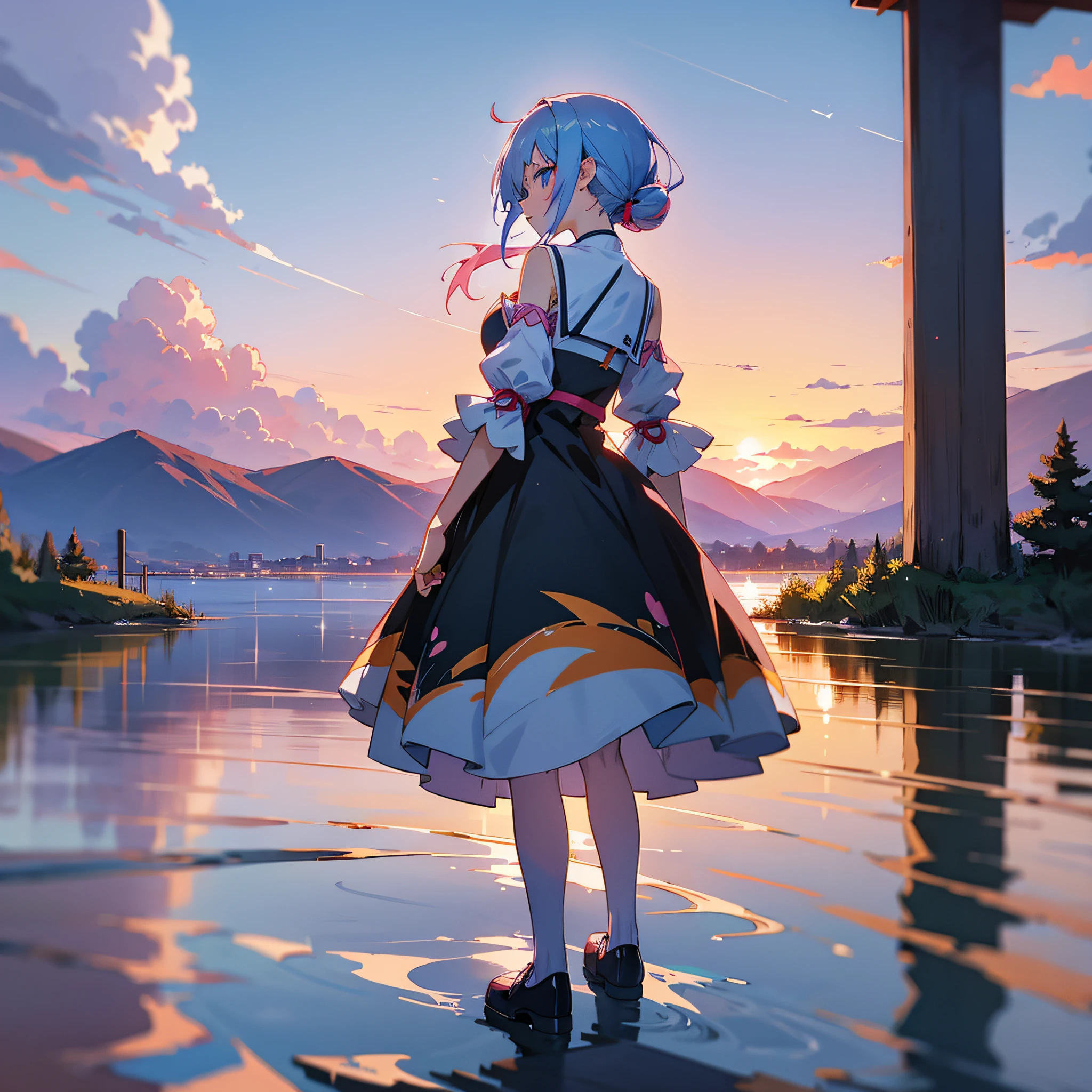 anime girl in a dress standing by a lake with a sunset in the background, anime style 4 k, anime art wallpaper 8 k, anime art wallpaper 4k, anime art wallpaper 4 k, beautiful anime portrait, beautiful anime girl, beautiful anime, anime wallpaper 4 k, anime wallpaper 4k, 4k anime wallpaper, beautiful anime woman, anime style. 8k --auto --s2