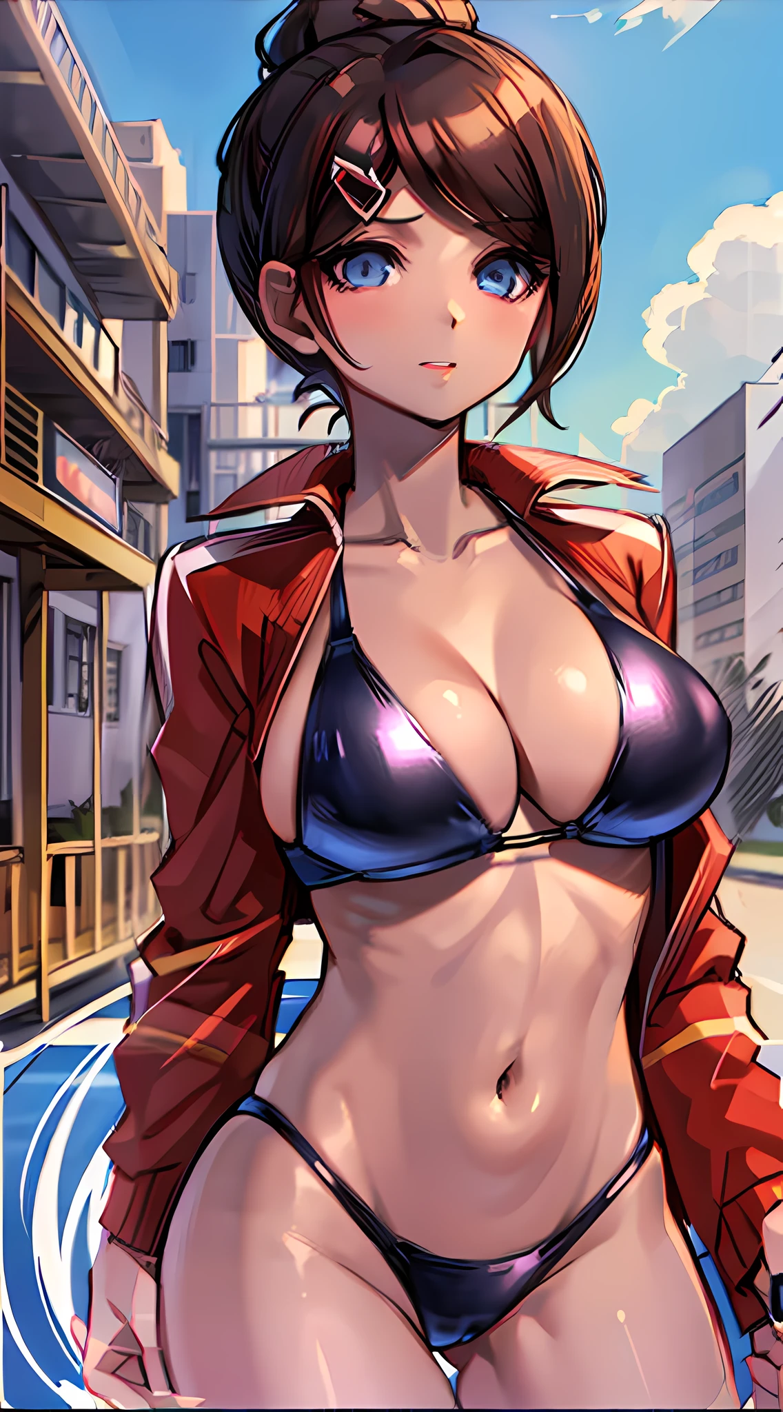 "Masterpiece, high quality, (anime), best quality, dynamic lighting, dynamic background, very detailed eyes and face, 1girl, blue eyes, brown hair, short hair, big chest, cleavage, looking at the viewer, bikini, asahina, background: pool 1.5, dynamic pose, ((black swimsuit)), ((red jacket)), ((red bikini))