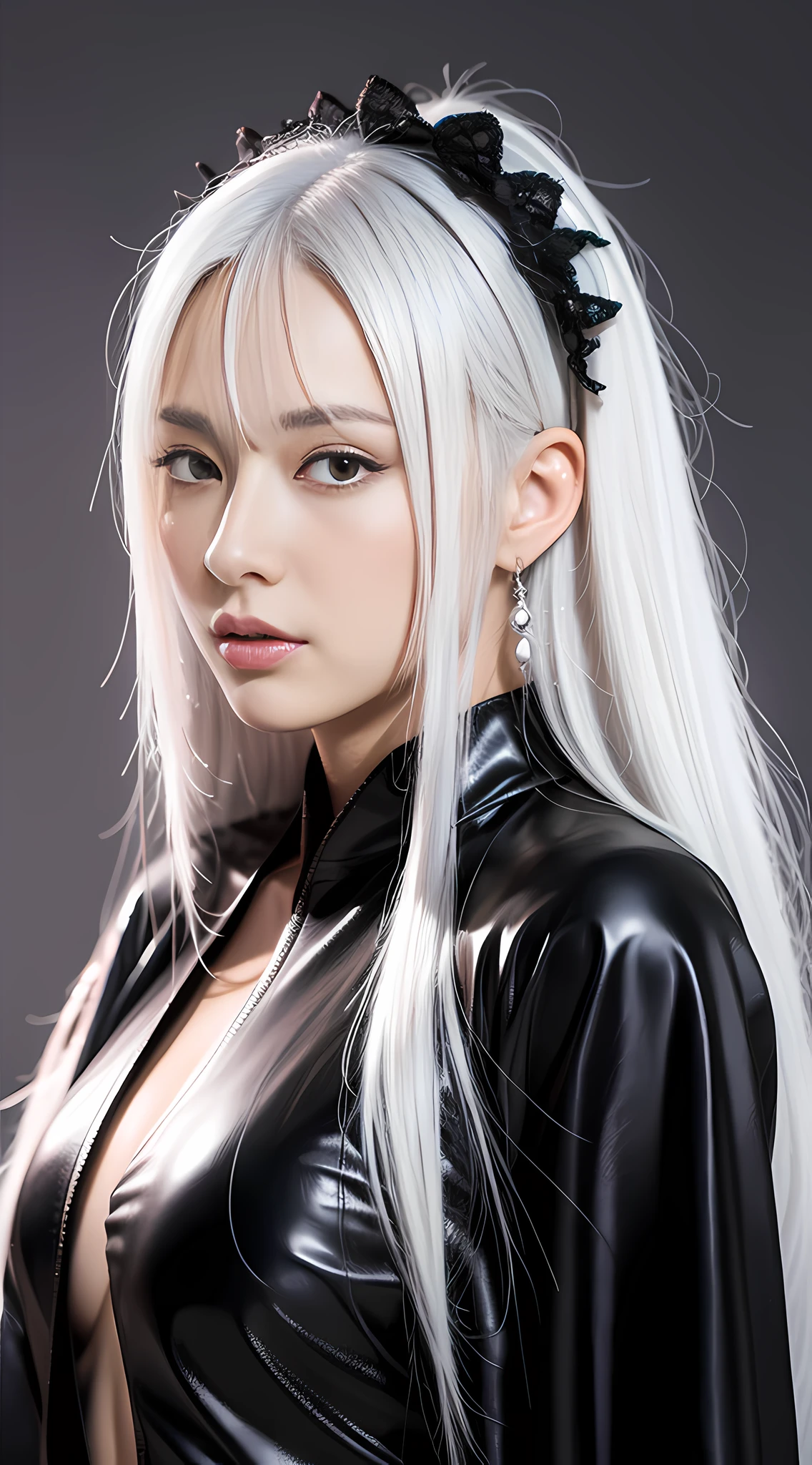 Allad woman posing for photo with white hair and black texture multi-layered robe, white hair girl, realistic anime girl rendering, guvez style artwork, perfect white hair girl, simple background, 3d anime reality, realistic anime 3d style, smooth anime CG art, Rostland 8 K, white long hair, 3 d rendered character art 8 K, perfect proportions, proper pose