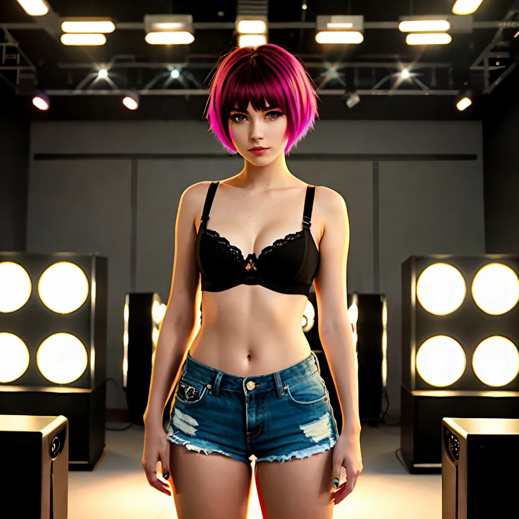 1 girl, short hair (high quality 1.3) bra, (hi-fi 1.3), movie bright, background punk, shorts