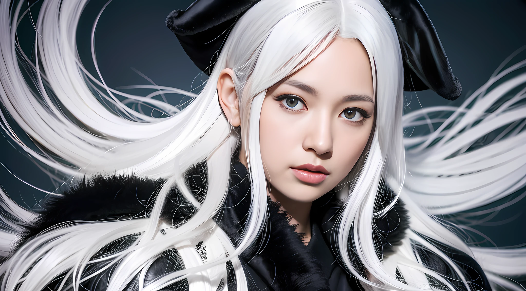 Allad woman posing for photo with white hair and black texture multi-layered robe, white hair girl, realistic anime girl rendering, guvez style artwork, perfect white hair girl, simple background, 3d anime reality, realistic anime 3d style, smooth anime CG art, Rostland 8 K, white long hair, 3 d rendered character art 8 K, perfect proportions, proper pose