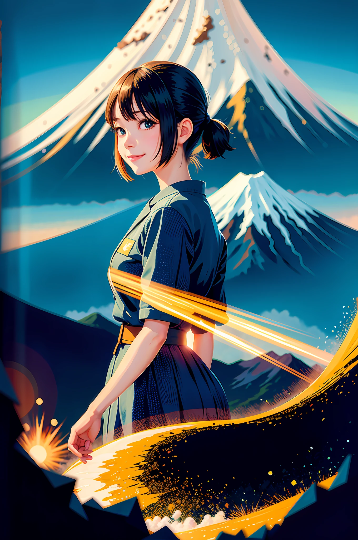 1girl, anime key visual, spectacular one mt. Fuji scenery , summer, detailed illustration, smile, dada art, lens flare, ambro type, impressive design, kintsugi