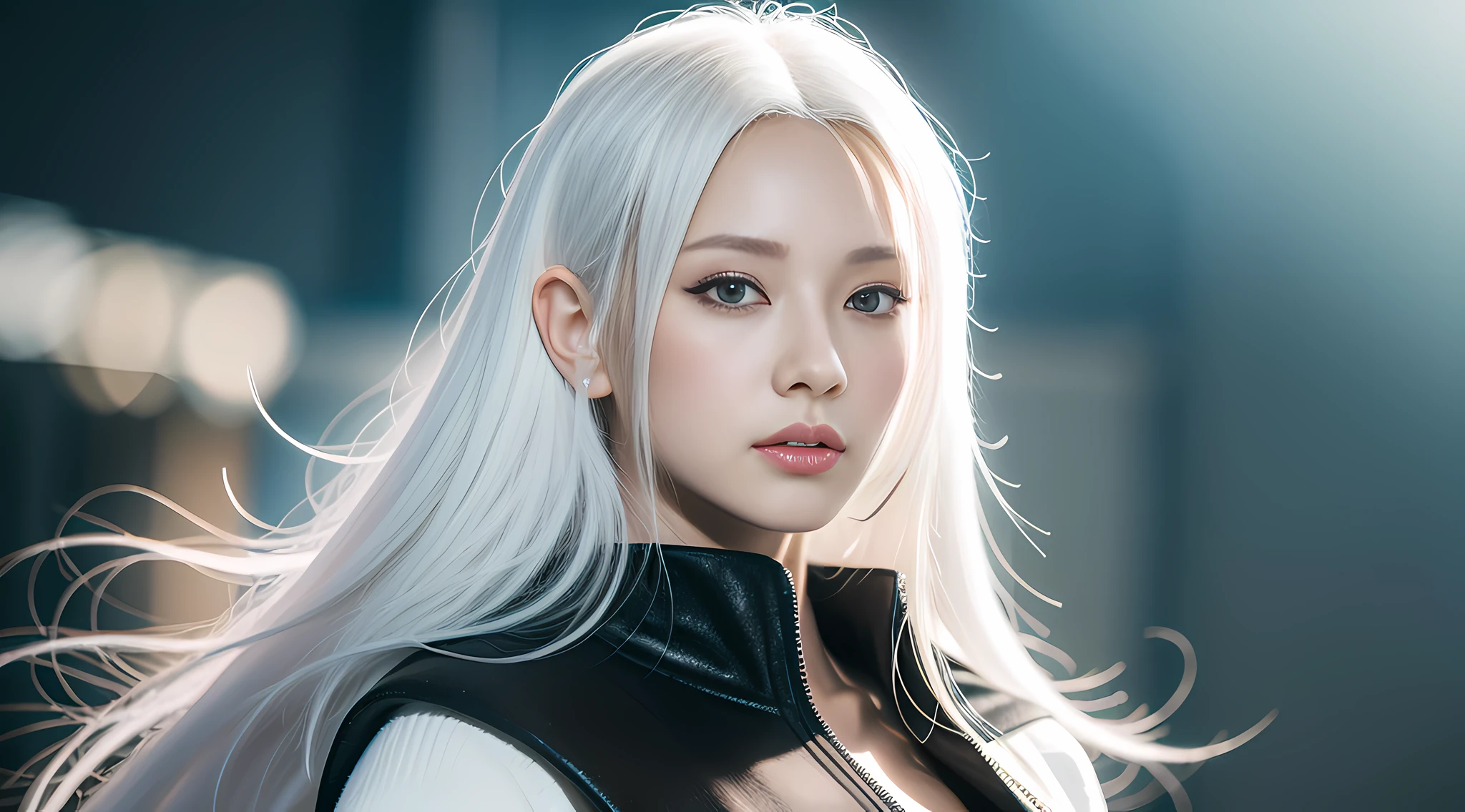 Allad woman posing for photo with white hair and black texture multi-layered robe, white hair girl, realistic anime girl rendering, guvez style artwork, perfect white hair girl, simple background, 3d anime reality, realistic anime 3d style, smooth anime CG art, Rostland 8 K, white long hair, 3 d rendered character art 8 K, perfect proportions, proper pose