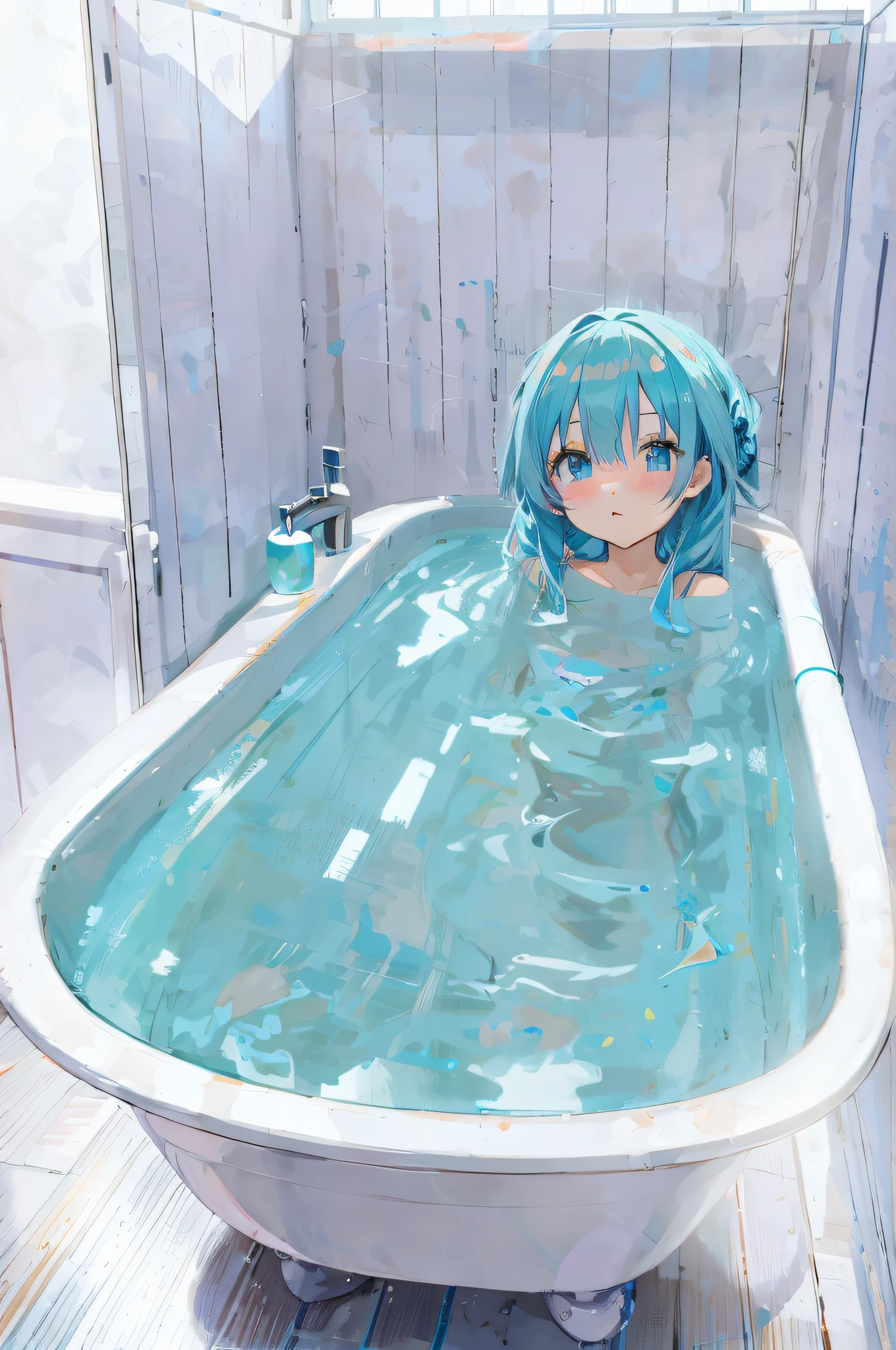 anime girl in a bathtub with blue hair and blue eyes, bathtub, wallpaper anime blue water, mikudayo, rimuru, anime girl with teal hair, rem rezero, in water, anime style 4 k, bath, with blue hair, by Shitao, 4 k manga wallpaper, anime! 4k, anime! 4 k, 4k anime wallpaper