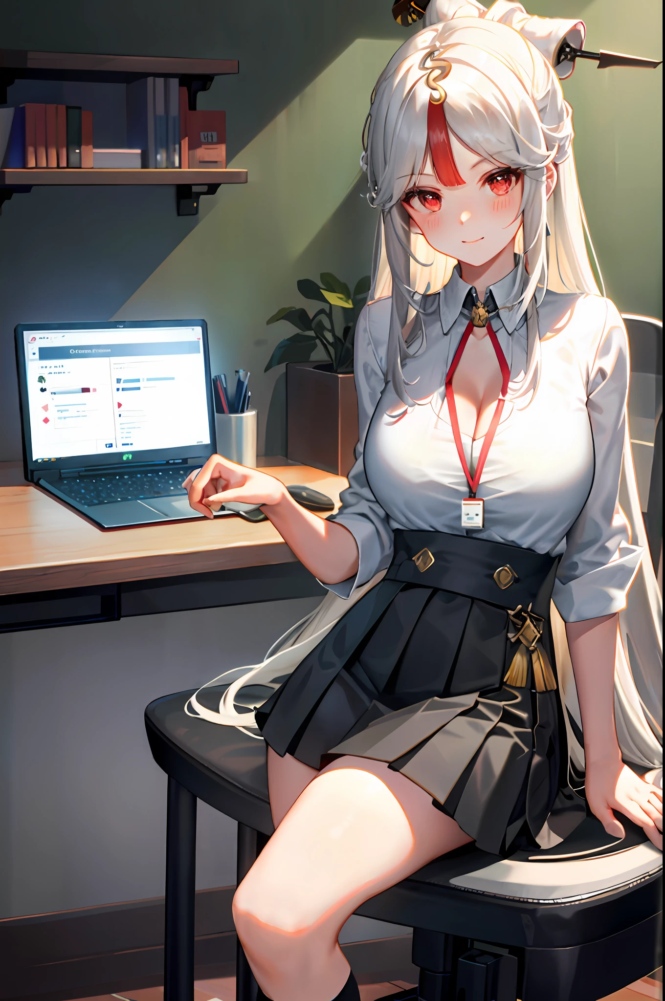 Ningguang, 1girl, solo, ((white shirt)), black thighhighs, breasts, cleavage, uniform, office background, black skirt, pleated skirt, office, hair between eyes, hair ornament, large breasts, long hair, looking at viewer, silver hair, silver short nails, red eyes, solo, thighhighs, thighs, very long hair, ((masterpiece)), sitting, chair, desk, computer on desk, name tag, id tag, indoor, blush, sexy pose, hands behind,