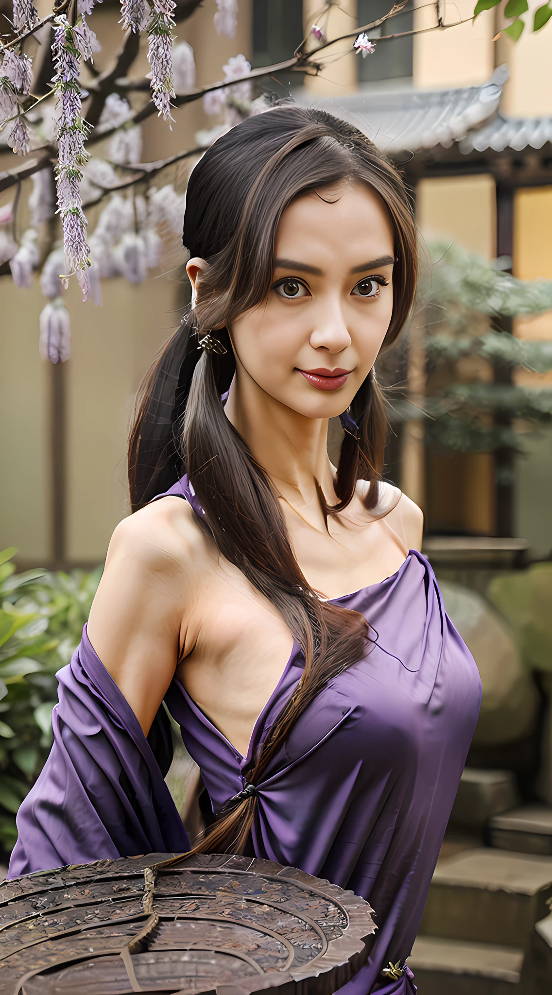 Masterpiece, Superb Banquet, Daytime, 1 person, Mature woman, Chinese style, ancient Chinese, dark clothes, purple clothes, blue eyes, split ends, long hair, long bangs, low ponytail, coquettish, gentle, branches