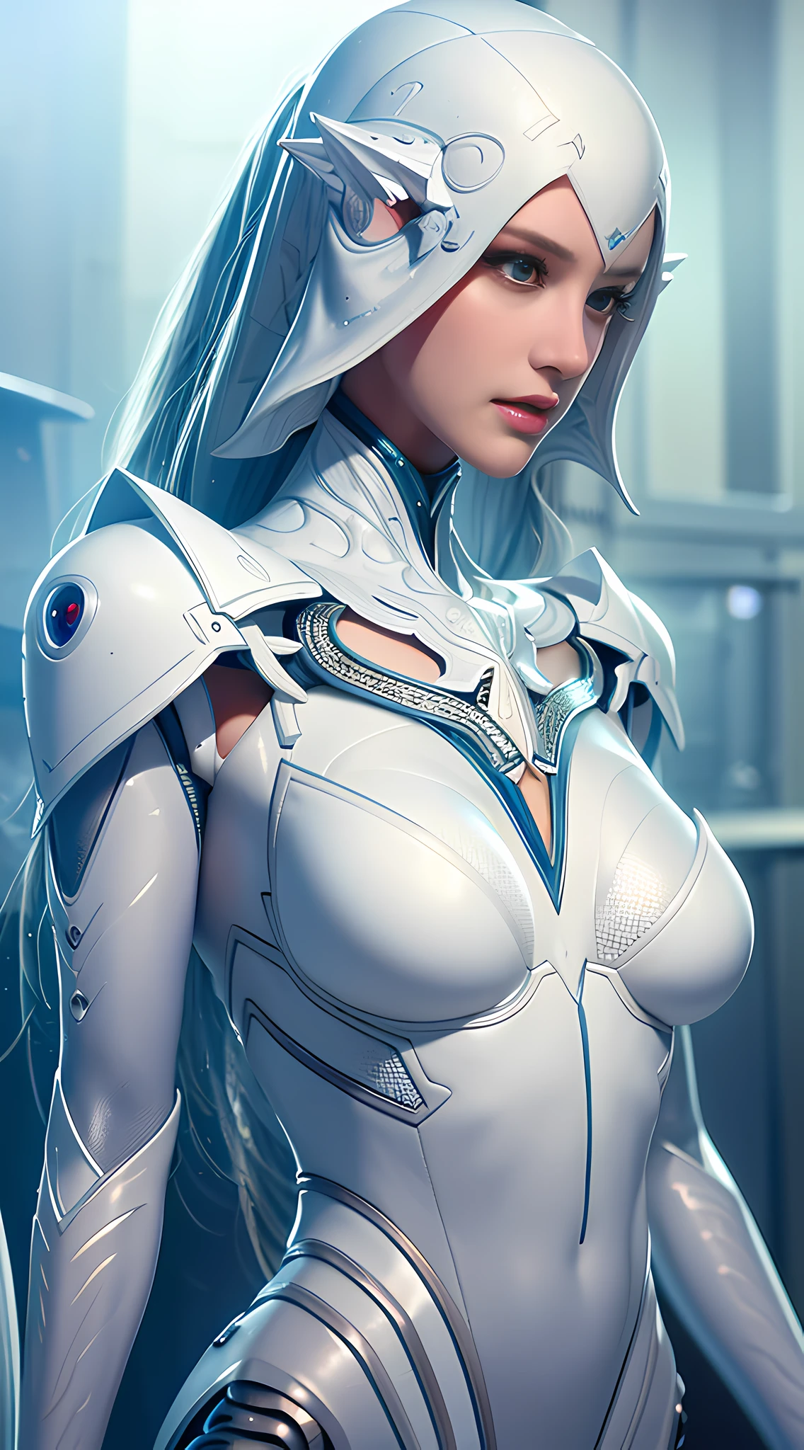 organic cyborg, white plastic, diffuse lighting, fantasy, intricate, elegant, highly detailed, lifelike, photorealistic, digital painting, artstation, illustration, concept art, smooth, sharp focus, art by John Collier and Albert Aublet and Krenz Cushart and Artem Demura, upper body