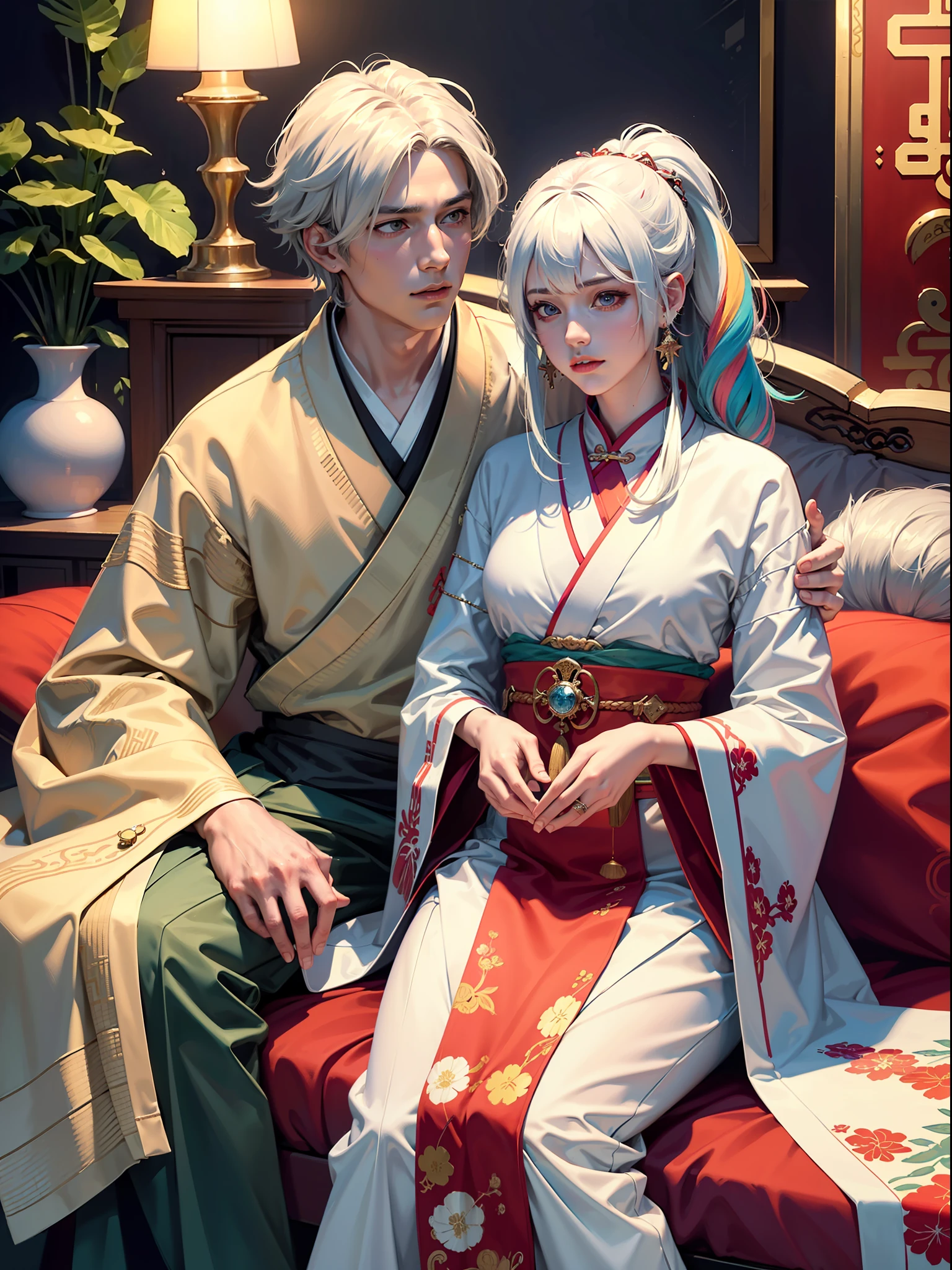 Concept Art, "1 Couple, Male Focus, Fin Ears, Multicolored Hair, Handsome Boy, Long White Hair, Tassels, Bangs, Carp, Colorful, Bold Colors, White Kimono, (Open) Kimono, Traditional Chinese Clothing, Close-up, Intimate Interaction in Bed, Stud Earrings, Rings, Sweat, Illuminate People", Colorful, Master Composition, Focus on Key Figures, Realism, Masterpiece, Award-Standing, Best Quality, Masterpiece, Ultra Detailed, 8K, Extremely Detailed CG Unity 8k wallpaper, complex, highly detailedrealistic