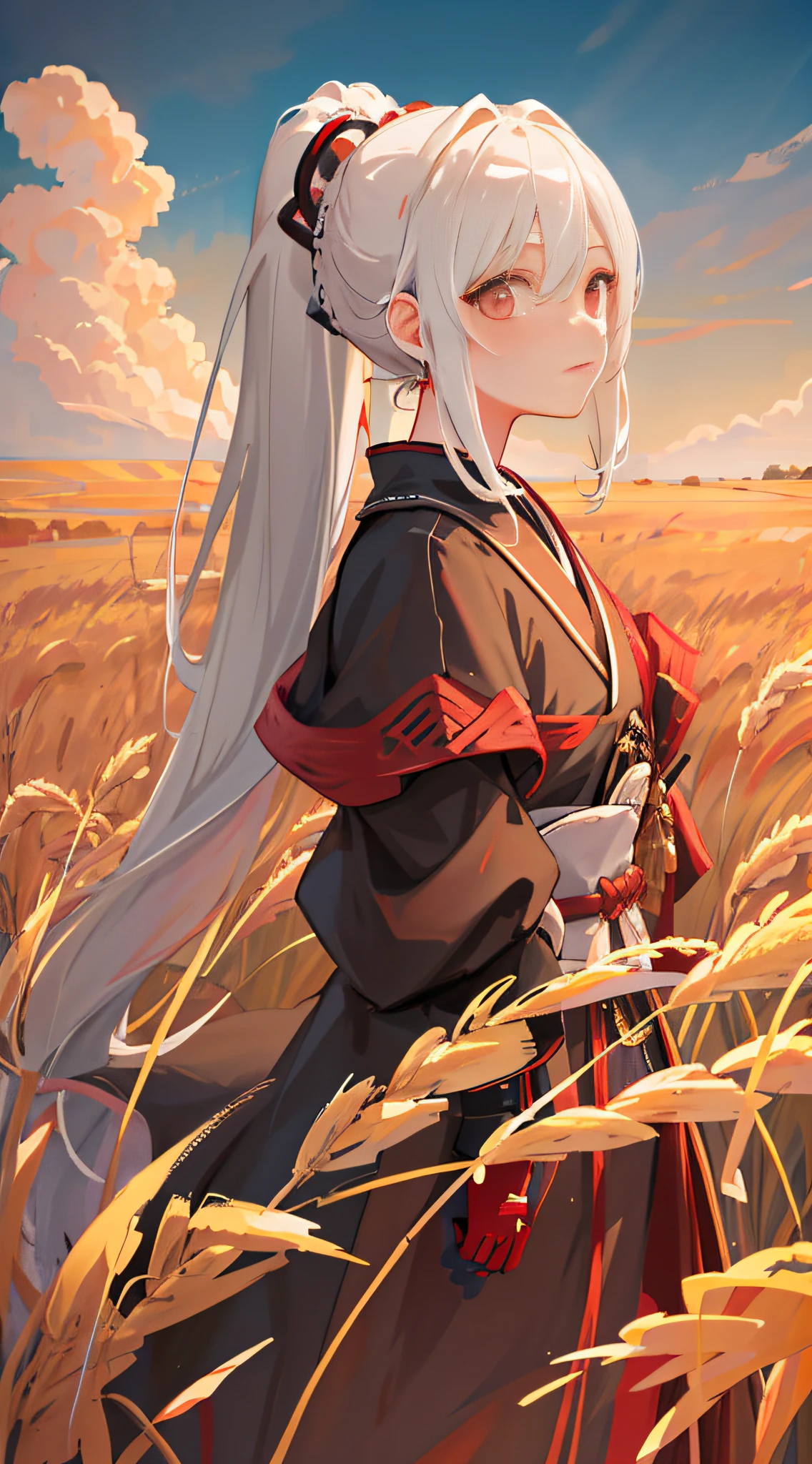 Masterpiece, Superb Girl, National Style Girl, 1girl, Portrait, White Hair, Ponytail, Red Eyes, Samurai, Wheat Landscape, Sun, Clouds, (Neutral Color), (HDR:1.4)