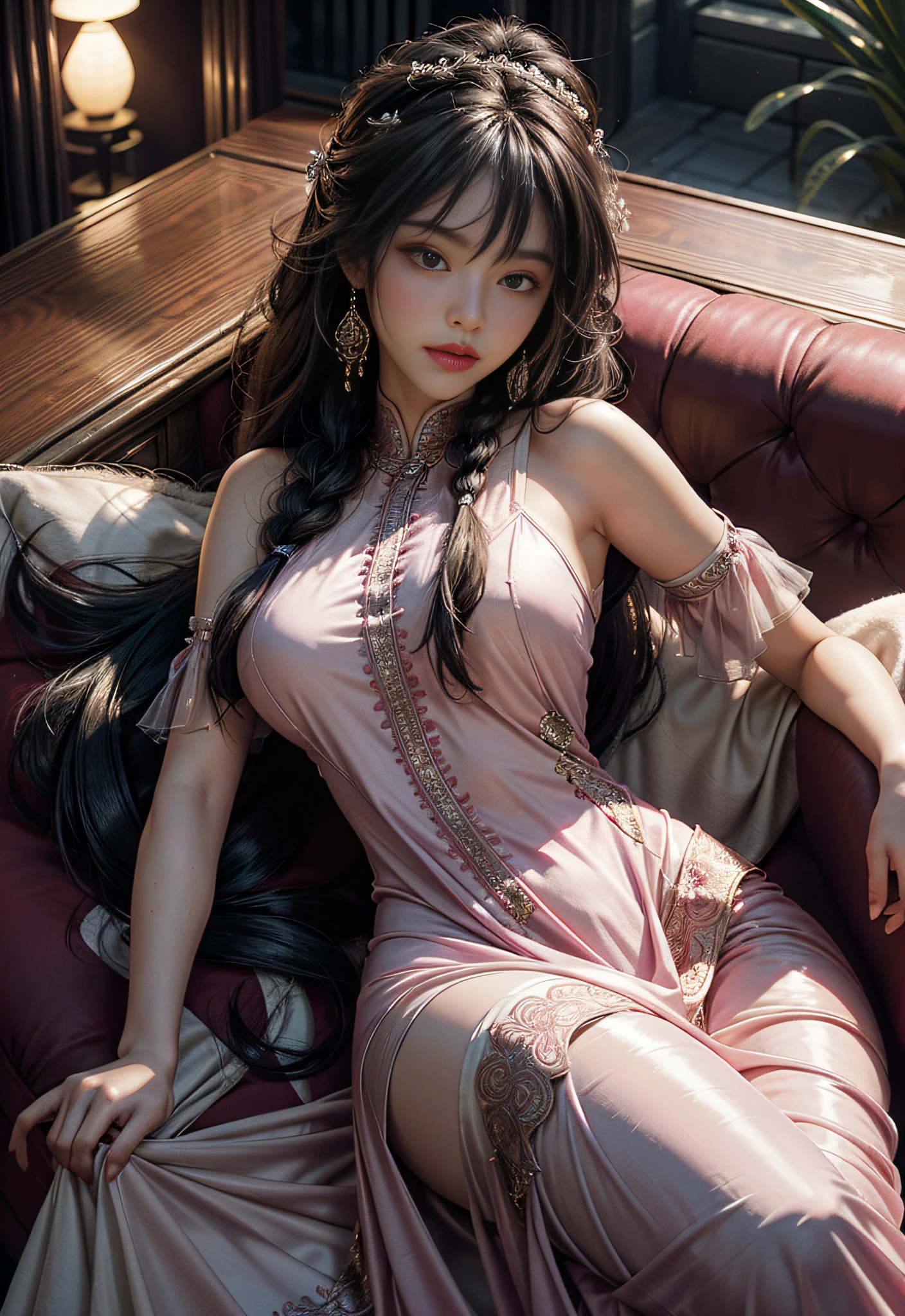 Lying on a chaise longue, the art depicts a charming woman in a flowing, silky traditional oriental dress in pink, tight translucent trousers, decorated with intricate patterns and bright colors. Her dress drapes elegantly over her curvy figure, accentuating her seductive silhouette. She knelt gracefully by the tranquil lotus lake, bathed in the soft glow of the moonlight. The scene exudes an ethereal and dreamy atmosphere, with a touch of mystery and sexiness. The graphic style blends watercolor and digital illustration techniques to evoke a refined beauty and charm. The lights are filled with soft moonlight, casting soft highlights and shadows on her charming features. Bare thighs, wearing tight translucent pants, big breasts, three-dimensional facial features, lying on a chaise longue, upturned legs, side braids, 2 hands, 2 legs