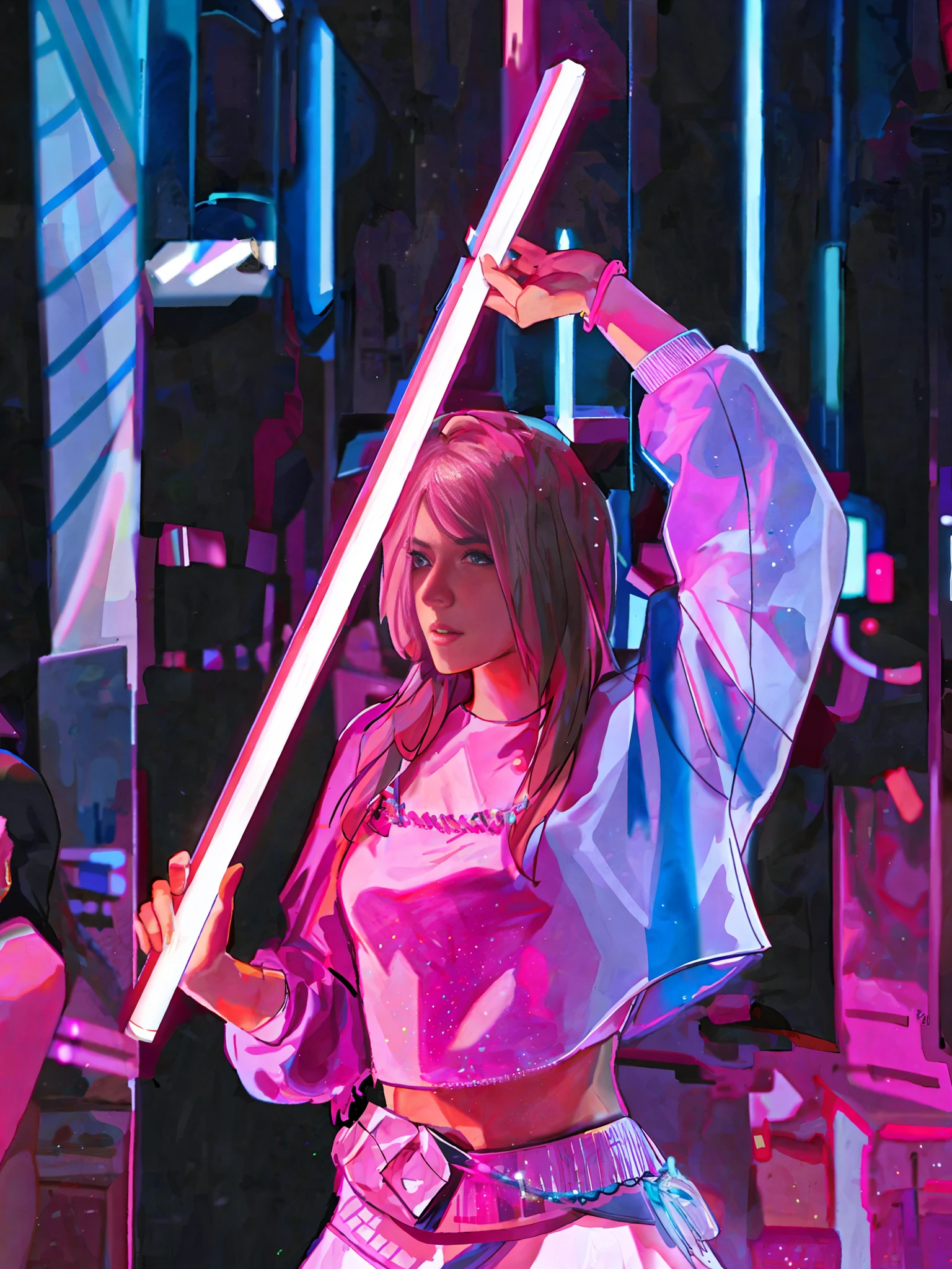 a woman in a pink crop top holding a neon light saber, with neon lights, neon lights in the background, with neon lighting, neon lit, pink neon lights, thick neon lights, fashion neon light, holding a light saber, neon aesthetic, anna nikonova aka newmilky, pink and blue lighting, neon lights in background, ariana grande as a sith
