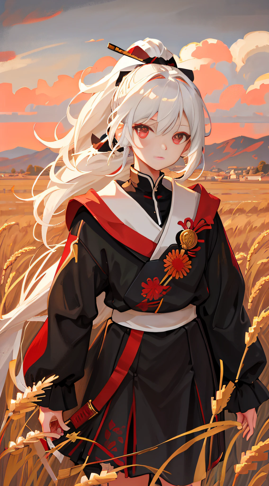 Masterpiece, Superb Girl, National Style Girl, 1girl, Portrait, White Hair, Ponytail, Red Eyes, Samurai, Wheat Landscape, Sun, Clouds, (Neutral Color), (HDR:1.4)