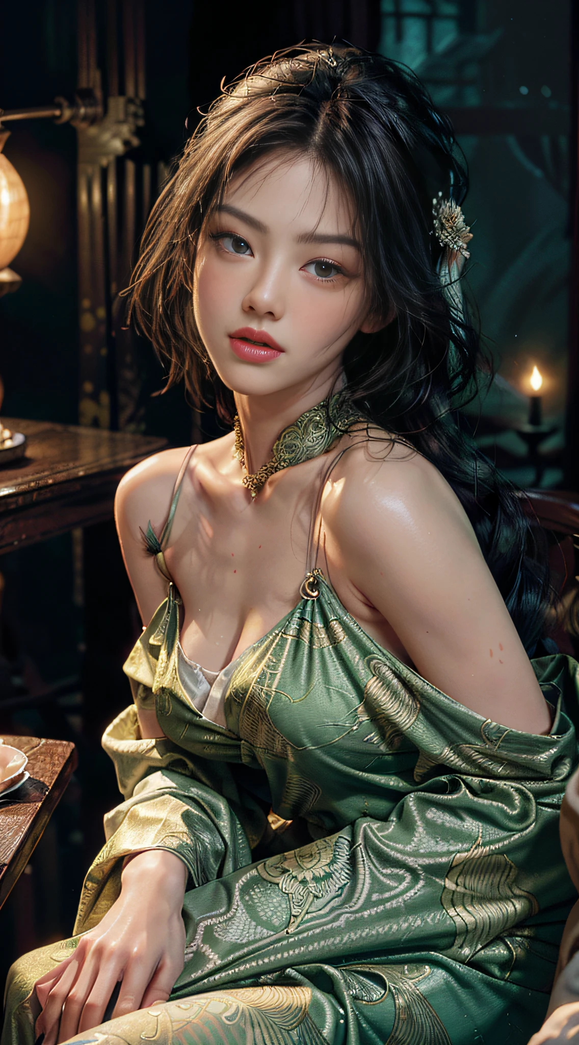 The art depicts a charming woman dressed in a flowing, silky traditional oriental dress, green, decorated with intricate patterns and bright colors. Her dress drapes elegantly over her curvy figure, accentuating her seductive silhouette. She sits gracefully under the quiet moon, bathed in the soft glow of the moonlight. The scene exudes an ethereal and dreamy atmosphere, with a touch of mystery and sexiness. The graphic style blends watercolor and digital illustration techniques to evoke a refined beauty and charm. The lights are filled with soft moonlight, casting soft highlights and shadows on her charming features. Bare thighs, big breasts, three-dimensional facial features, sitting, upturned legs, side braids