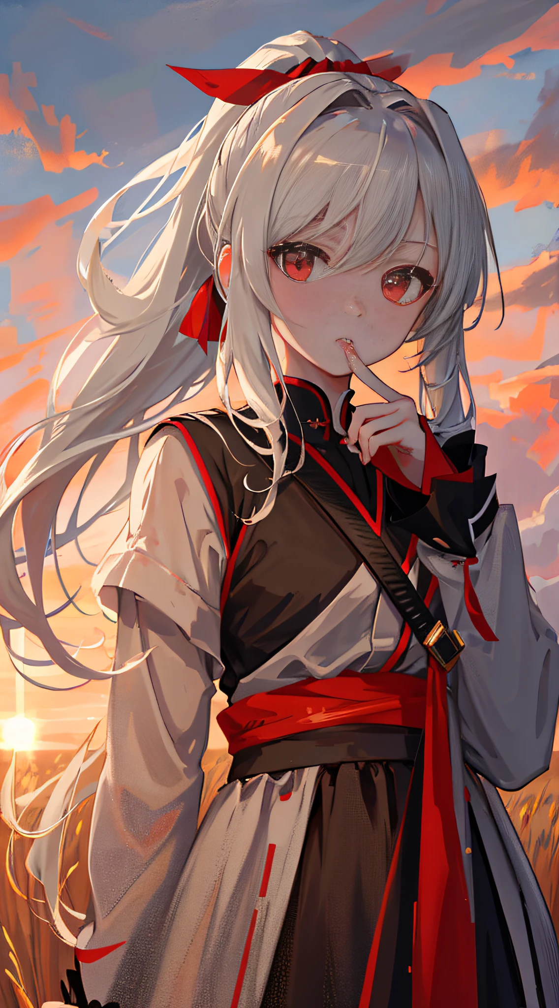 Masterpiece, Superb Girl, Super Delicate Face, Super High Resolution, Delicate Face, Delicate Eyes, Eye Detail, Face Detail, Finger Detail, 1girl, Portrait, Silver, High Ponytail, Ponytail, Red Eye, Samurai, Wheat Landscape, Sun, Clouds, (Neutral Color), (HDR: 1.4)
