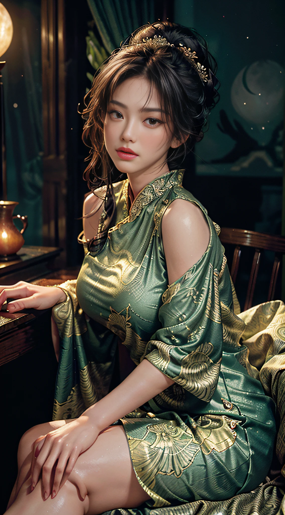 The art depicts a charming woman dressed in a flowing, silky traditional oriental dress, green, decorated with intricate patterns and bright colors. Her dress drapes elegantly over her curvy figure, accentuating her seductive silhouette. She sits gracefully under the quiet moon, bathed in the soft glow of the moonlight. The scene exudes an ethereal and dreamy atmosphere, with a touch of mystery and sexiness. The graphic style blends watercolor and digital illustration techniques to evoke a refined beauty and charm. The lights are filled with soft moonlight, casting soft highlights and shadows on her charming features. Bare thighs, big breasts, three-dimensional facial features, sitting, upturned legs, side braids
