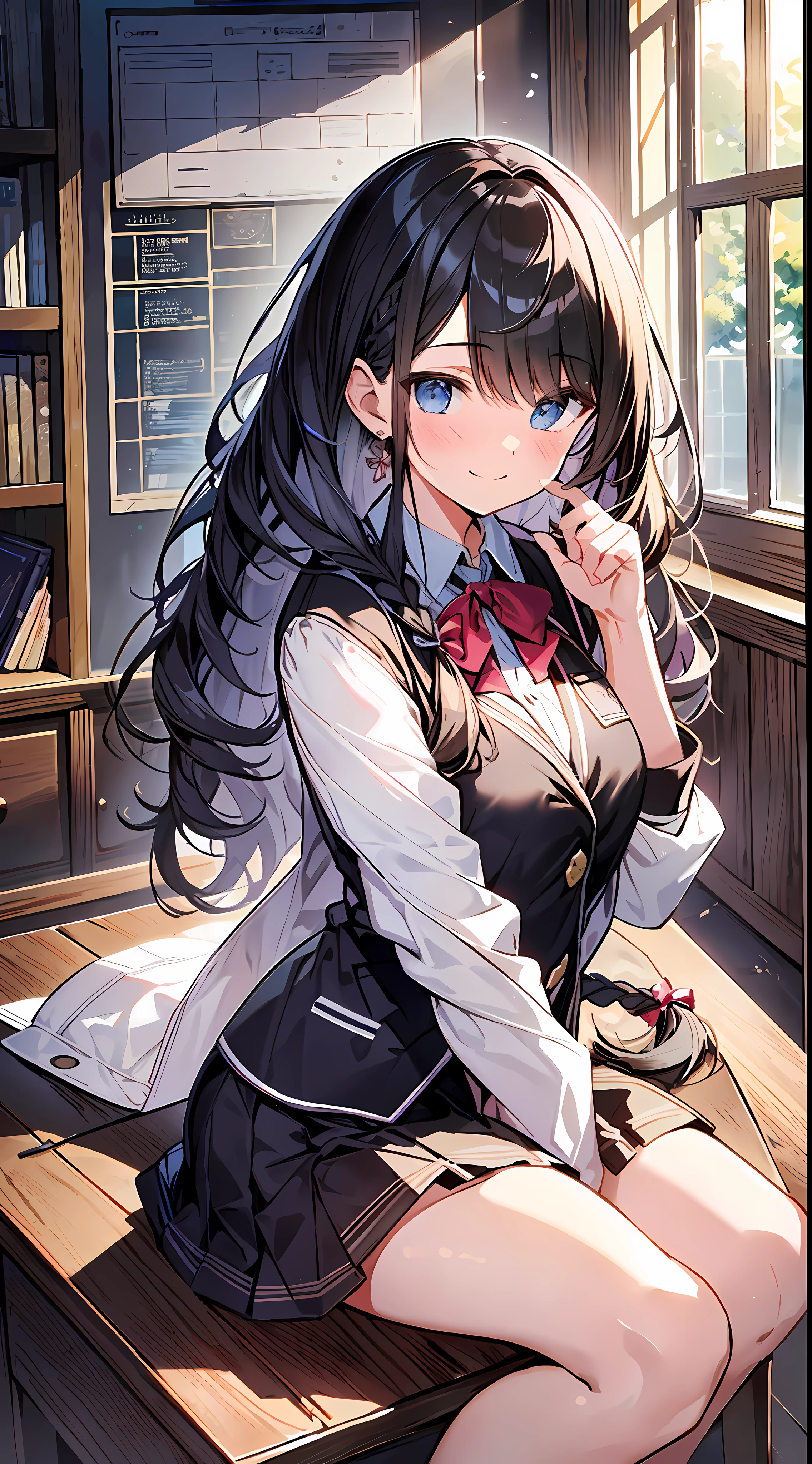 (Incredibly Absurdres Absolutely Resolution: 1.5), Top Quality, Masterpiece, Ultra High Resolution, 8K, Early Summer, (School Uniform, Blazer), Shōjo Manga Style , Soft Line Art, Digital Enhancement, Shoujo Manga Touch, Shōjo Manga Core, (Shoulder Length Hair Length and Short Braid)), Soft Drawing, Fluffy, soft, beautiful black hair, clear eyes, ((gentle smile)), ultra-detailed digital anime art, clear face depiction, ultra-detailed shojo manga character art, clear facial features, ultra-detailed manga style, top quality color, delicate, staring at me head-on, hand gestures, angle that can see up to the feet, sitting, classroom, zentangle: 1.3, entangle、beautiful and aesthetic:1.3、High quality:1.3