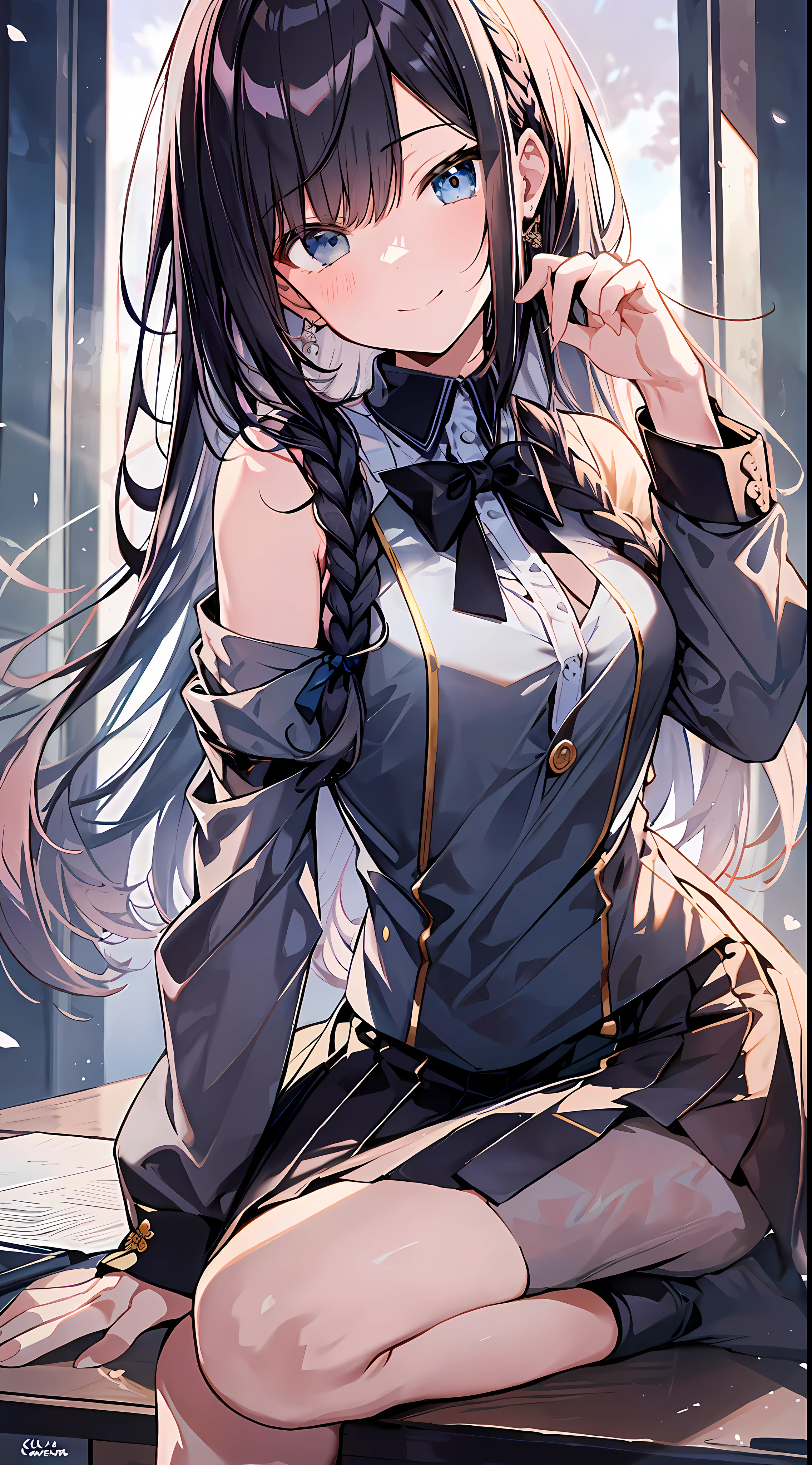 (Incredibly Absurdres Absolutely Resolution: 1.5), Top Quality, Masterpiece, Ultra High Resolution, 8K, Early Summer, (School Uniform, Blazer), Shōjo Manga Style , Soft Line Art, Digital Enhancement, Shoujo Manga Touch, Shōjo Manga Core, (Shoulder Length Hair Length and Short Braid)), Soft Drawing, Fluffy, soft, beautiful black hair, clear eyes, ((gentle smile)), ultra-detailed digital anime art, clear face depiction, ultra-detailed shojo manga character art, clear facial features, ultra-detailed manga style, top quality color, delicate, staring at me head-on, hand gestures, angle that can see up to the feet, sitting, classroom, zentangle: 1.3, entangle、beautiful and aesthetic:1.3、High quality:1.3