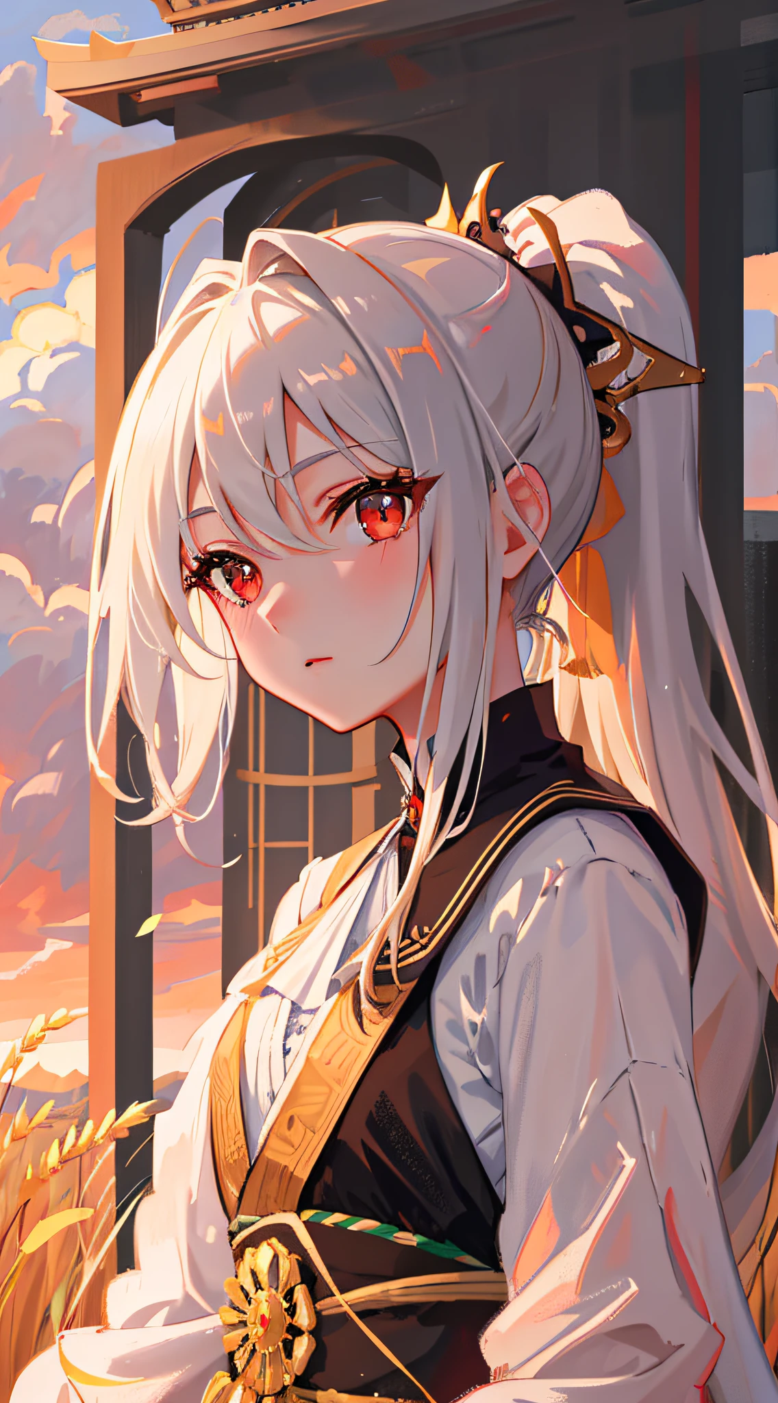 Masterpiece, Superb Girl, Super Delicate Face, Super High Resolution, Delicate Face, Delicate Eyes, Eye Detail, Face Detail, Finger Detail, 1girl, Portrait, Silver, High Ponytail, Ponytail, Red Eye, Samurai, Wheat Landscape, Sun, Clouds, (Neutral Color), (HDR: 1.4)