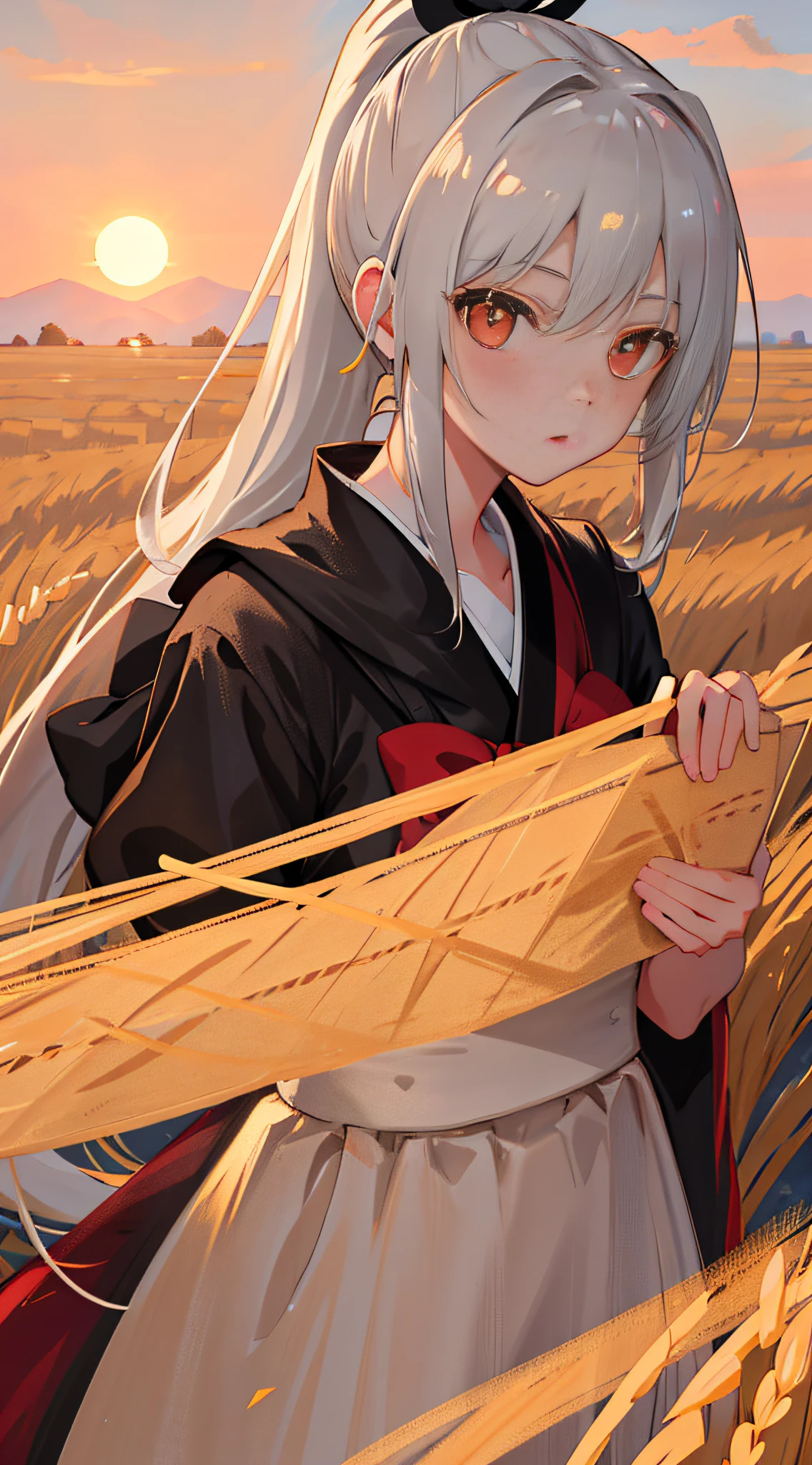 Masterpiece, Superb Girl, Super Delicate Face, Super High Resolution, Delicate Face, Delicate Eyes, Eye Detail, Face Detail, Finger Detail, 1girl, Portrait, Silver, High Ponytail, Ponytail, Red Eye, Samurai, Wheat Landscape, Sun, Clouds, (Neutral Color), (HDR: 1.4)