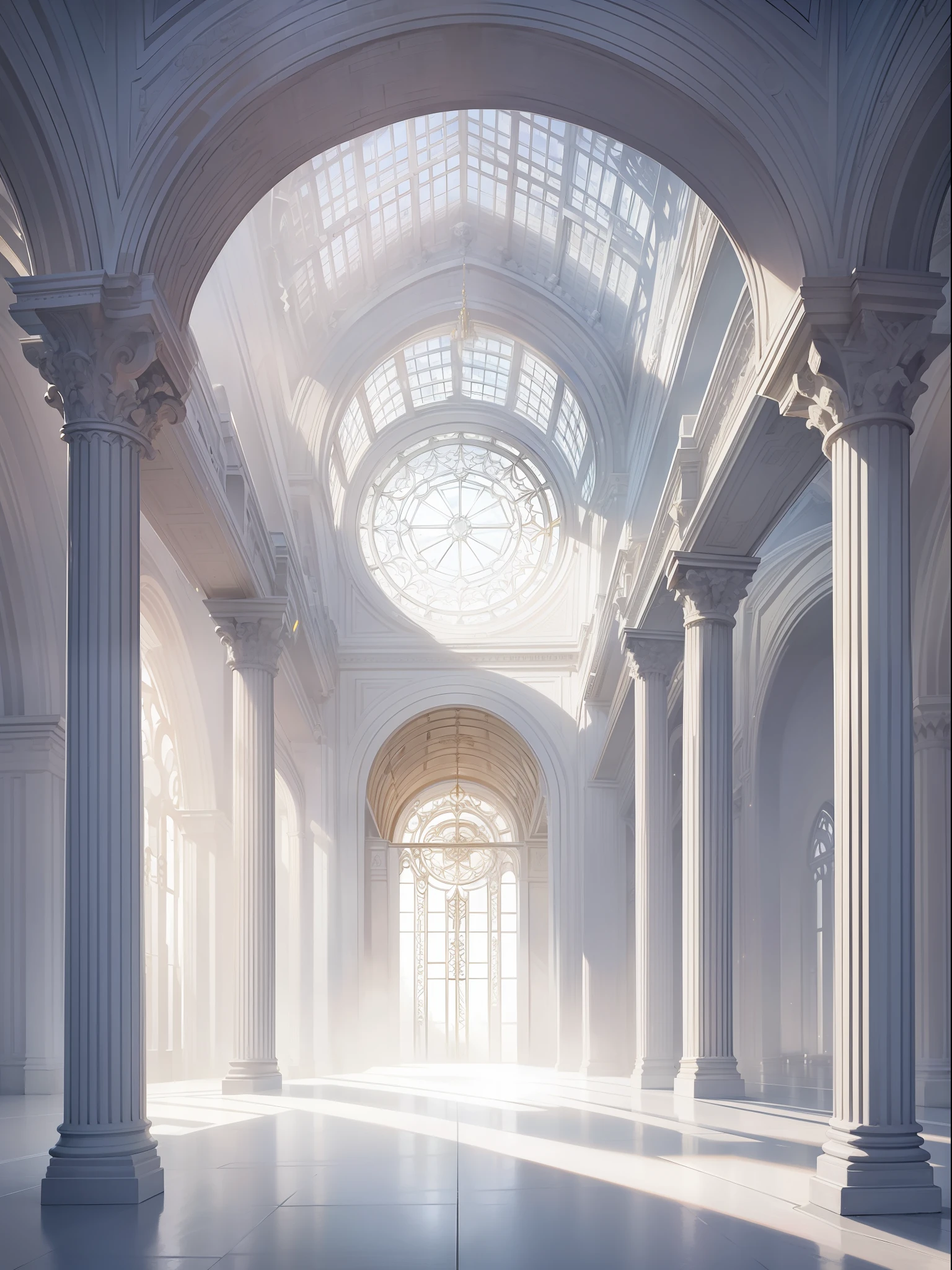Image of an inner part of a large palace, completely white and gleaming. The ambient light makes the palace shine, creating a luminous and majestic atmosphere
