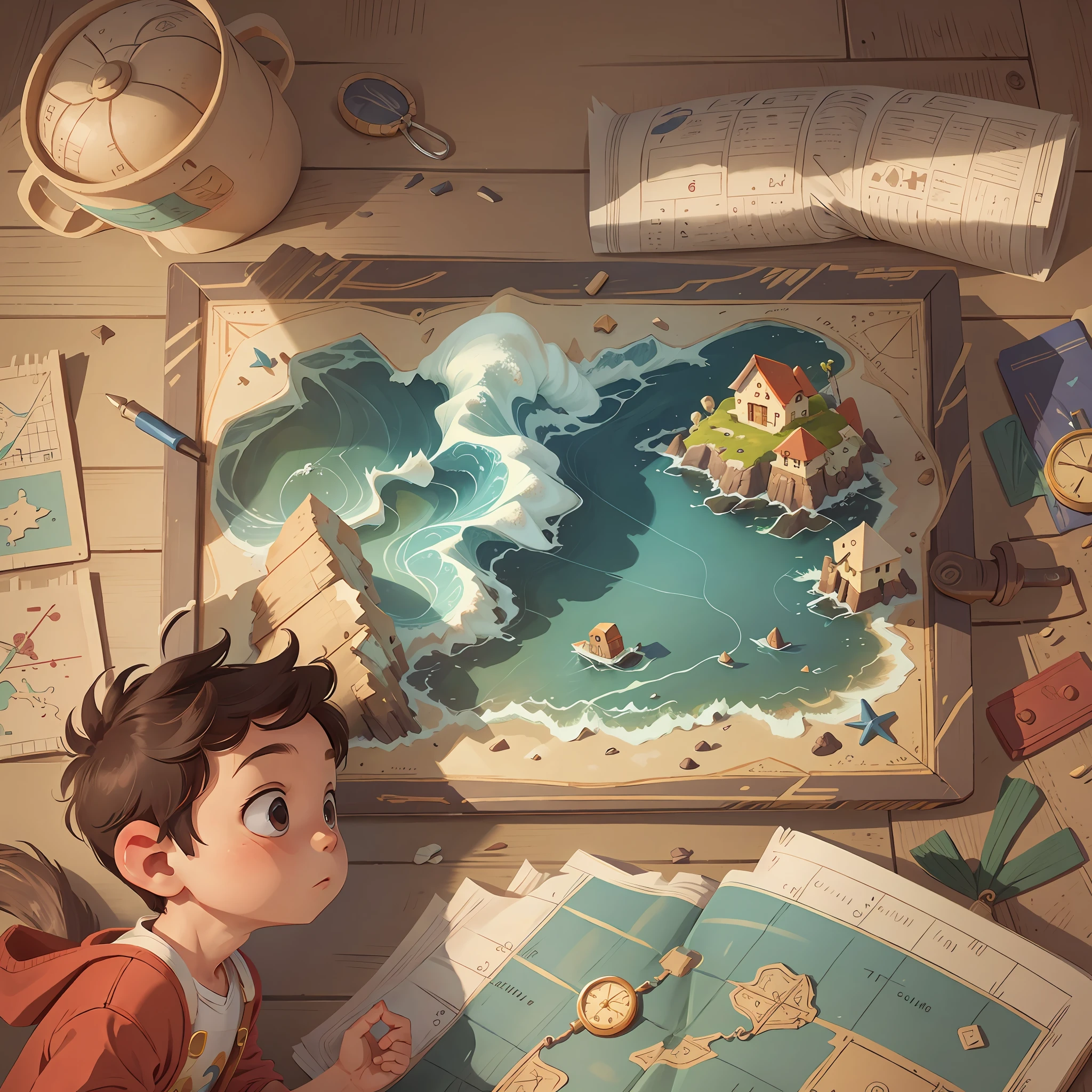 At home, the boy holds the map and decides to look for the mysterious sea and legendary treasures on the map