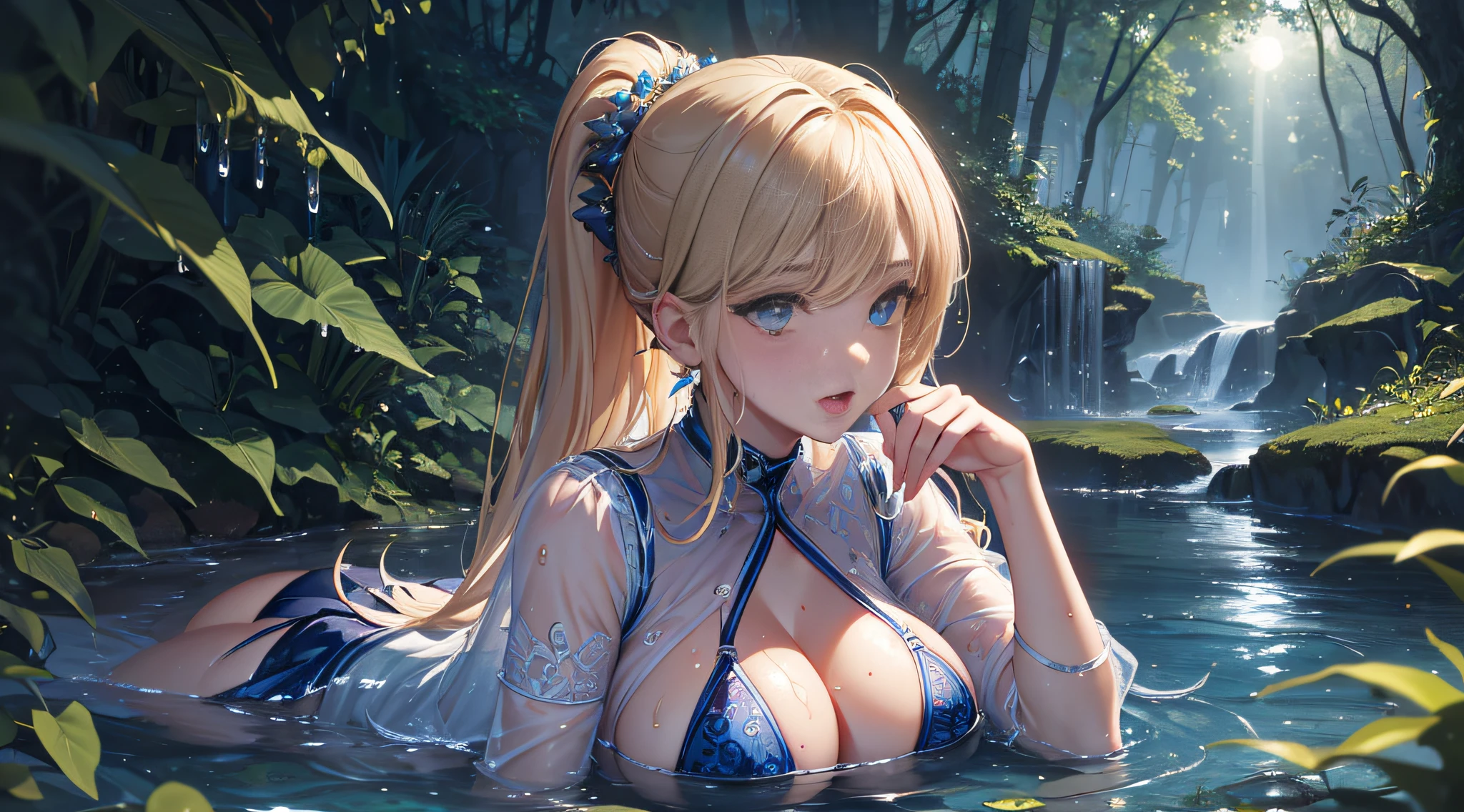 ((Masterpiece)), Top Quality, Super Detail, Highly Detailed CG, Highly Detailed CG Unified 4K Wallpaper, HD, High Definition Beauty Face, (One woman with big breasts with sexy charm), ((Lying on shallow water)))), (Beautifully detailed see-through micro bikini))), (Large buttocks: 1.1), ((Full body)), Blonde hair, Ponytail, (Dynamic legs, Legs: 1.3), (Eyes of detail and face of details:1.3), (Detailed beautiful blue eyes), (Open mouth), ((Wet body)), Curvaceous skin, Fine skin, Fine hair, (Low angle), Backdrop, Pond, Starry sky, Forest, Aquatic plants, Moss, Clear water surface, Moonrays, Glitter, Midnight, Darkness