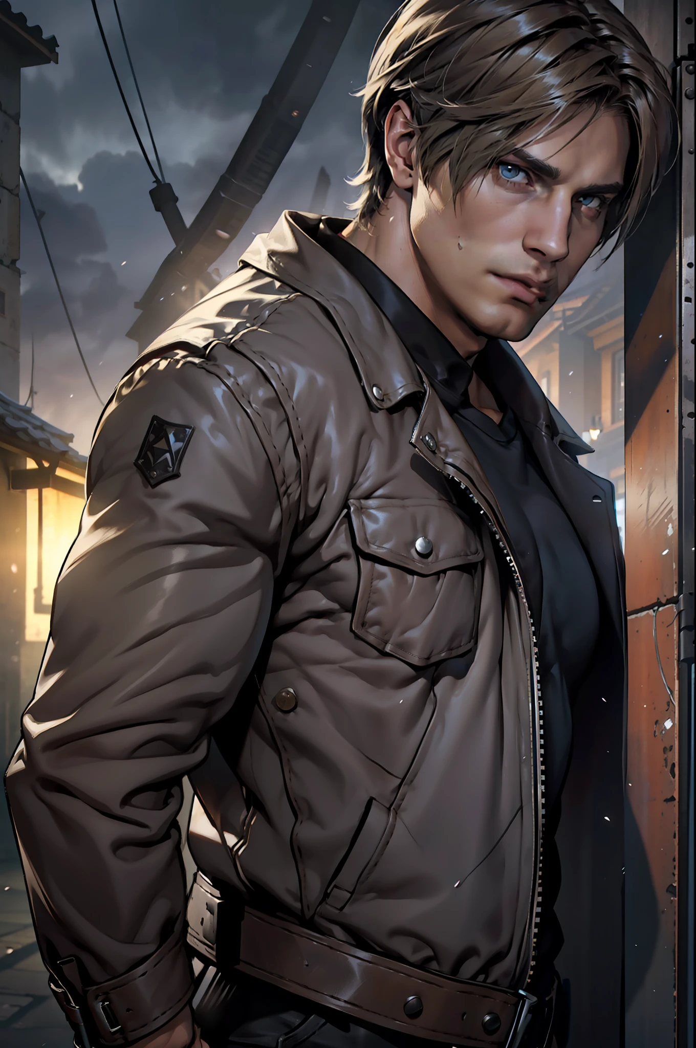 1 man, flat style, illustration, young man, 27 year old, Leon S. Kennedy from Resident evil 4, face of Eudard Badaluta, solo, white skin, muscular, lean muscle man, tall, hunk, wide shoulder, clean-shaven, dark brown hair, curtain hairstyle, dark brown cold long sleeve leather jacket with white fur on the neck, black color T shirt inside, black pant, viewer looking, high resolution:1.2, best quality, upper body shot, close up shot, cloudy sky and old Spanish village background, nightime, low camera angle, volumetric lighting, depth of field, shadow