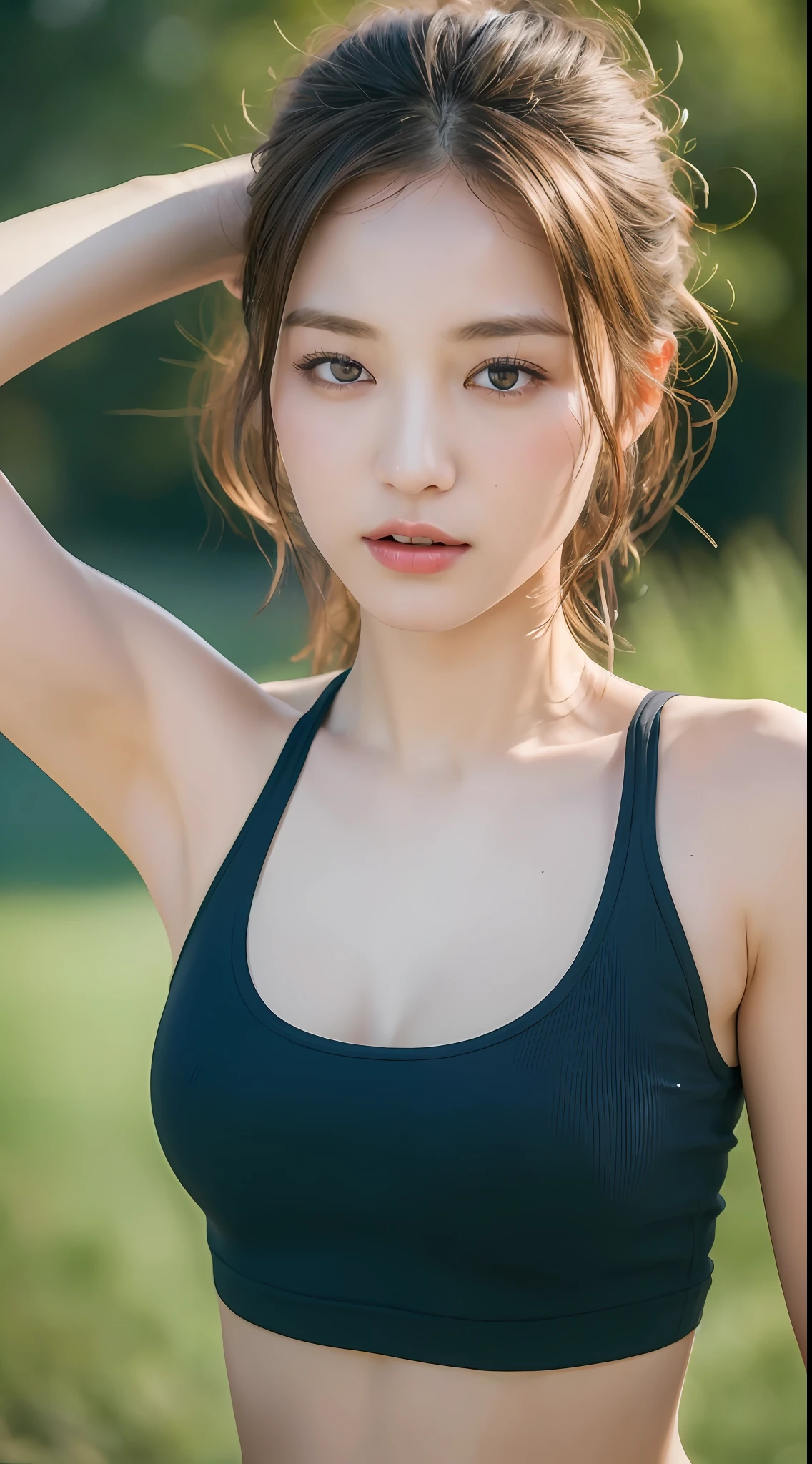 ((Best quality, 8k, Masterpiece :1.3)), 1girl, Pretty woman with emphasizing slender abs :1.3, (random hairstyles :1.2), Oversized tank top :1.2, Ultra-detailed face, Detailed eyes, Double eyelid, armpit