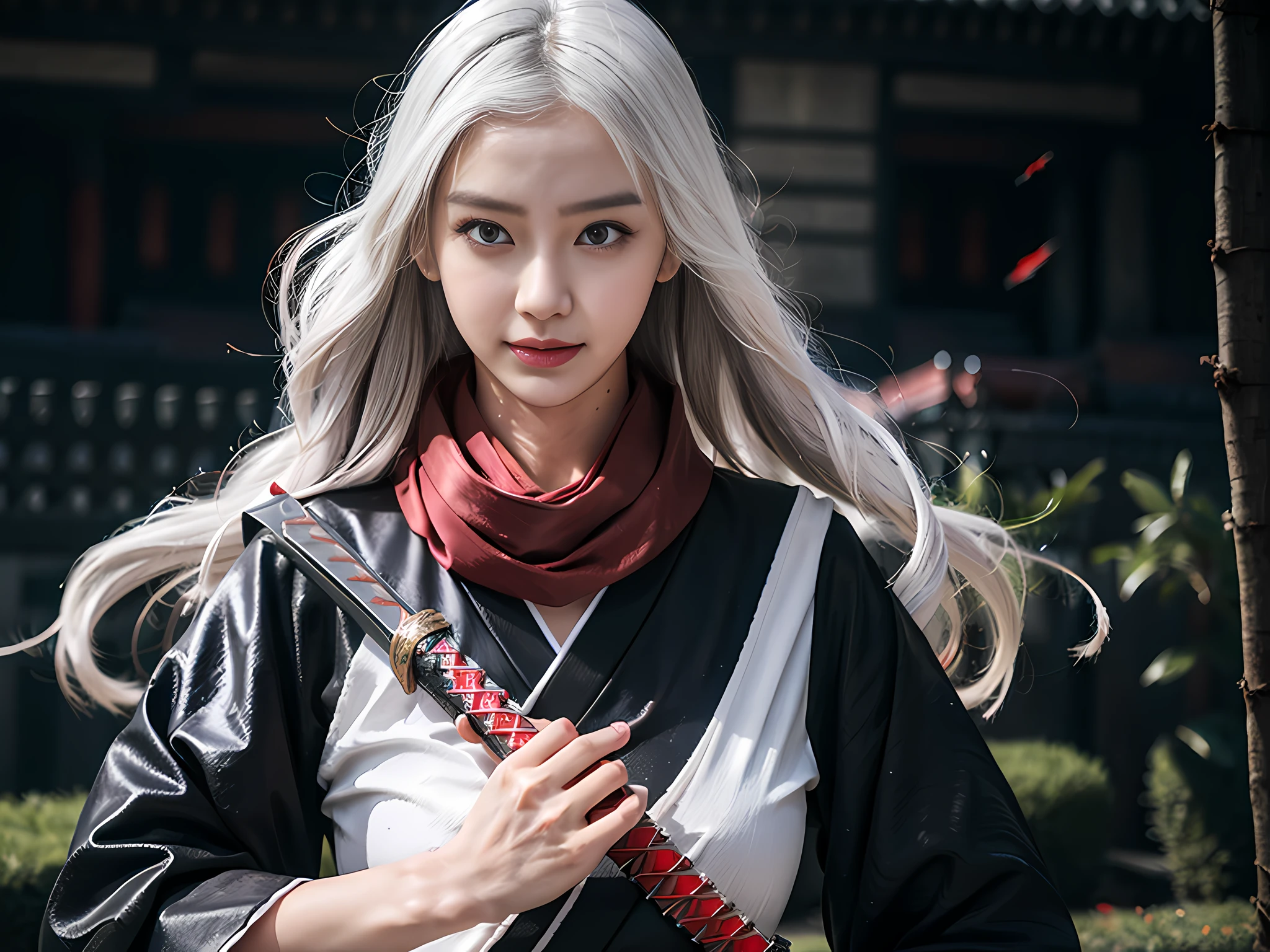 upper body, 1 girl, white hair, red eyes, (samurai), katana, scarf, wallpaper, magic circle background, light particles, red fire,