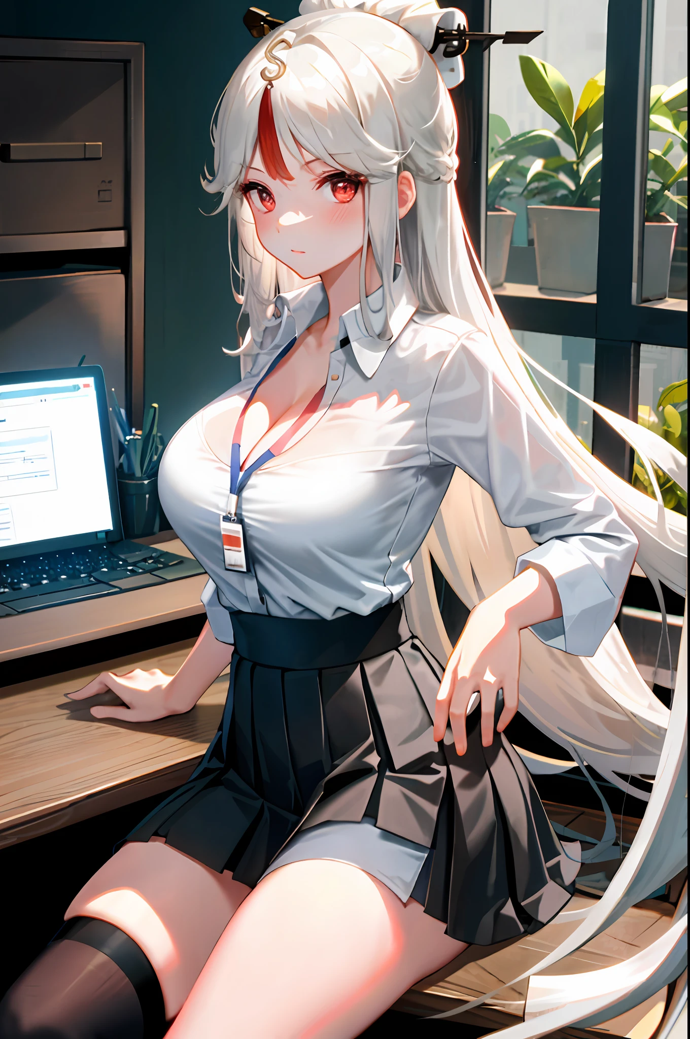 Ningguang, 1girl, solo, ((white shirt)), black thighhighs, breasts, cleavage, uniform, office background, black skirt, pleated skirt, office, hair between eyes, hair ornament, large breasts, long hair, looking at viewer, silver hair, silver short nails, red eyes, solo, thighhighs, thighs, very long hair, ((masterpiece)), sitting, chair, desk, computer on desk, name tag, id tag, indoor, blush, sexy pose, hands behind,