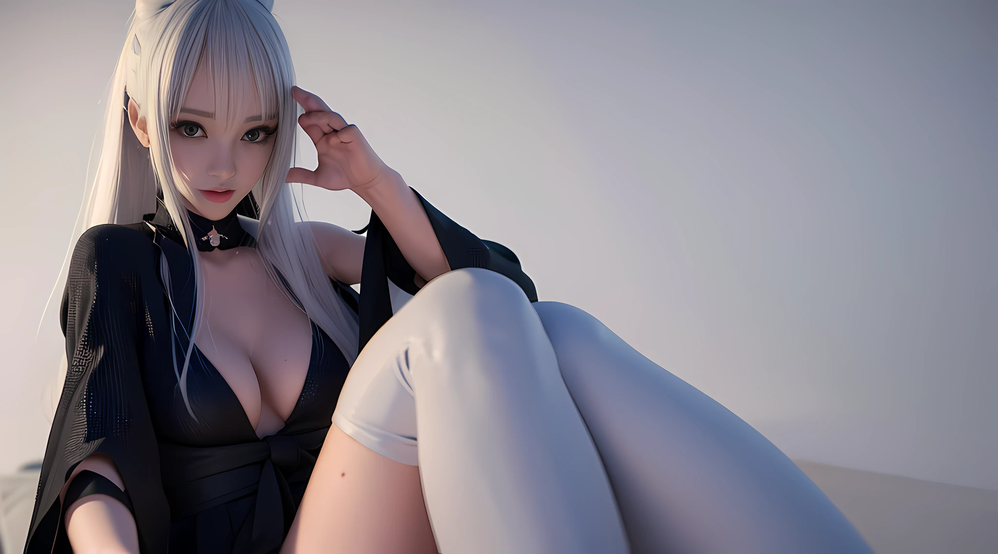 Allad woman posing for photo with white hair and black texture multi-layered robe, white hair girl, realistic anime girl rendering, guvez style artwork, perfect white hair girl, simple background, 3d anime reality, realistic anime 3d style, smooth anime CG art, Rostland 8 K, white long hair, 3 d rendered character art 8 K, perfect proportions, proper pose