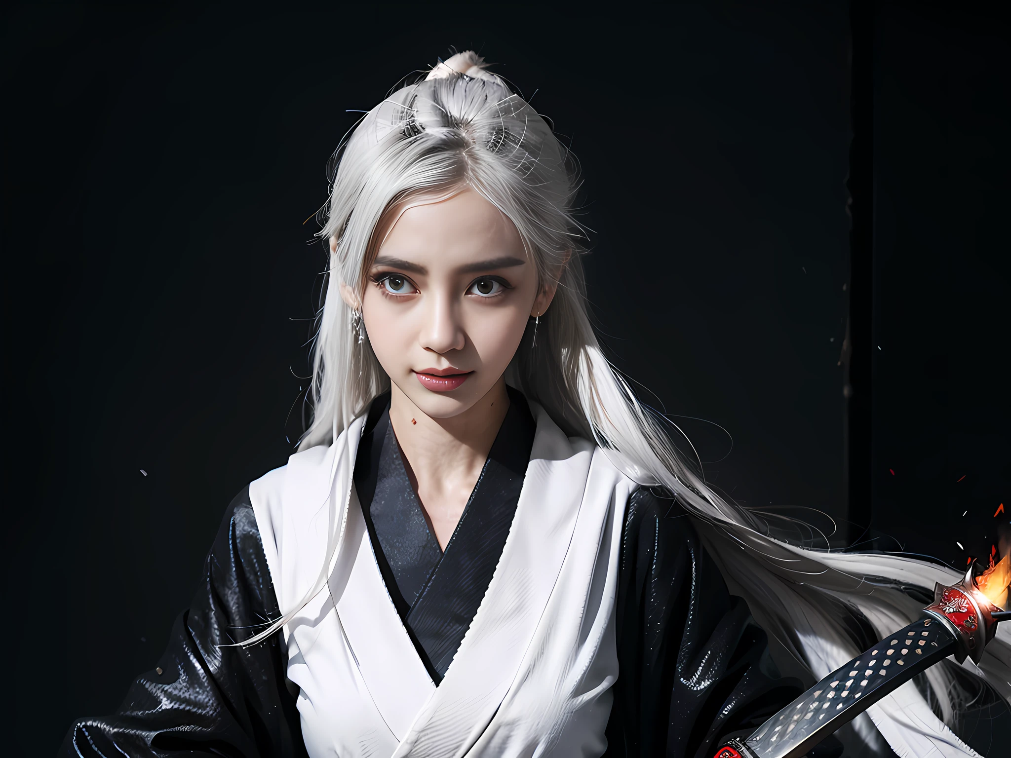 upper body, 1 girl, white hair, red eyes, (samurai), katana, scarf, wallpaper, magic circle background, light particles, red fire,