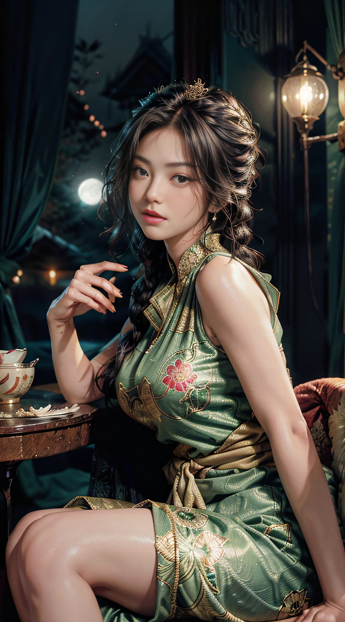 The art depicts a charming woman dressed in a flowing, silky traditional oriental dress, emeralds, decorated with intricate patterns and bright colors. Her dress drapes elegantly over her curvy figure, accentuating her seductive silhouette. She sits gracefully under the quiet moon, bathed in the soft glow of the moonlight. The scene exudes an ethereal and dreamy atmosphere, with a touch of mystery and sexiness. The graphic style blends watercolor and digital illustration techniques to evoke a refined beauty and charm. The lights are filled with soft moonlight, casting soft highlights and shadows on her charming features. Bare legs, big breasts, three-dimensional facial features, sitting in a chair against the wall, 2 hands, 2 legs, side braids