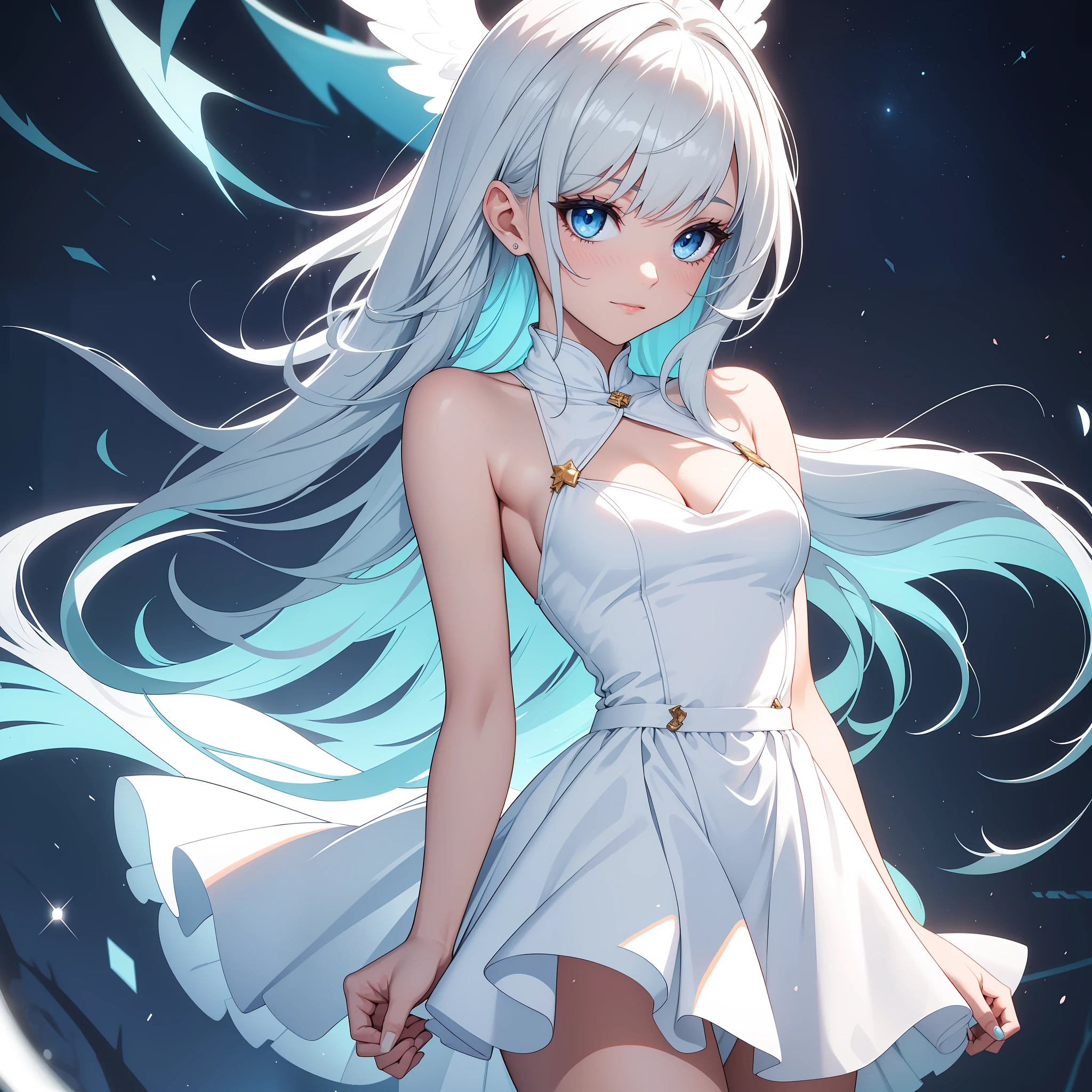 (masterpiece, top quality, highest quality, official art, beautiful and aesthetic: 1.2), (1 girl: 1.3),break,solo,angelic beautiful girl,break,big eyes,beautiful detailed eyes,blue colored eyes, long lashes, break, blush, break, high saturation, break, starry sky, colorful, sky, break, smile, break, bare shoulders, Mini dress, simple, short, white, sheer, transparent, transparent, shiny, glowing, break,)
