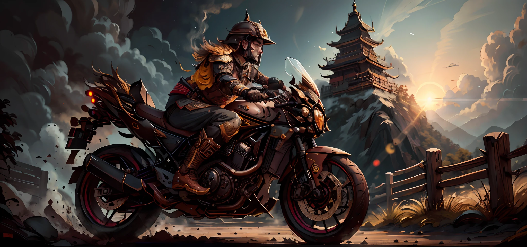 JavaPunkAI, man, wearing chinoiserie armor, ((wearing dark brown helmet)), motorcycle ride, on mountain road, background is bright sunset over ocean, fast moving, motion blur, backlight, low profile, silhouette, warm color, film composition, best quality, 4k, 8k, super high resolution, sharp focus, intricate texture, 200mm f4 lens