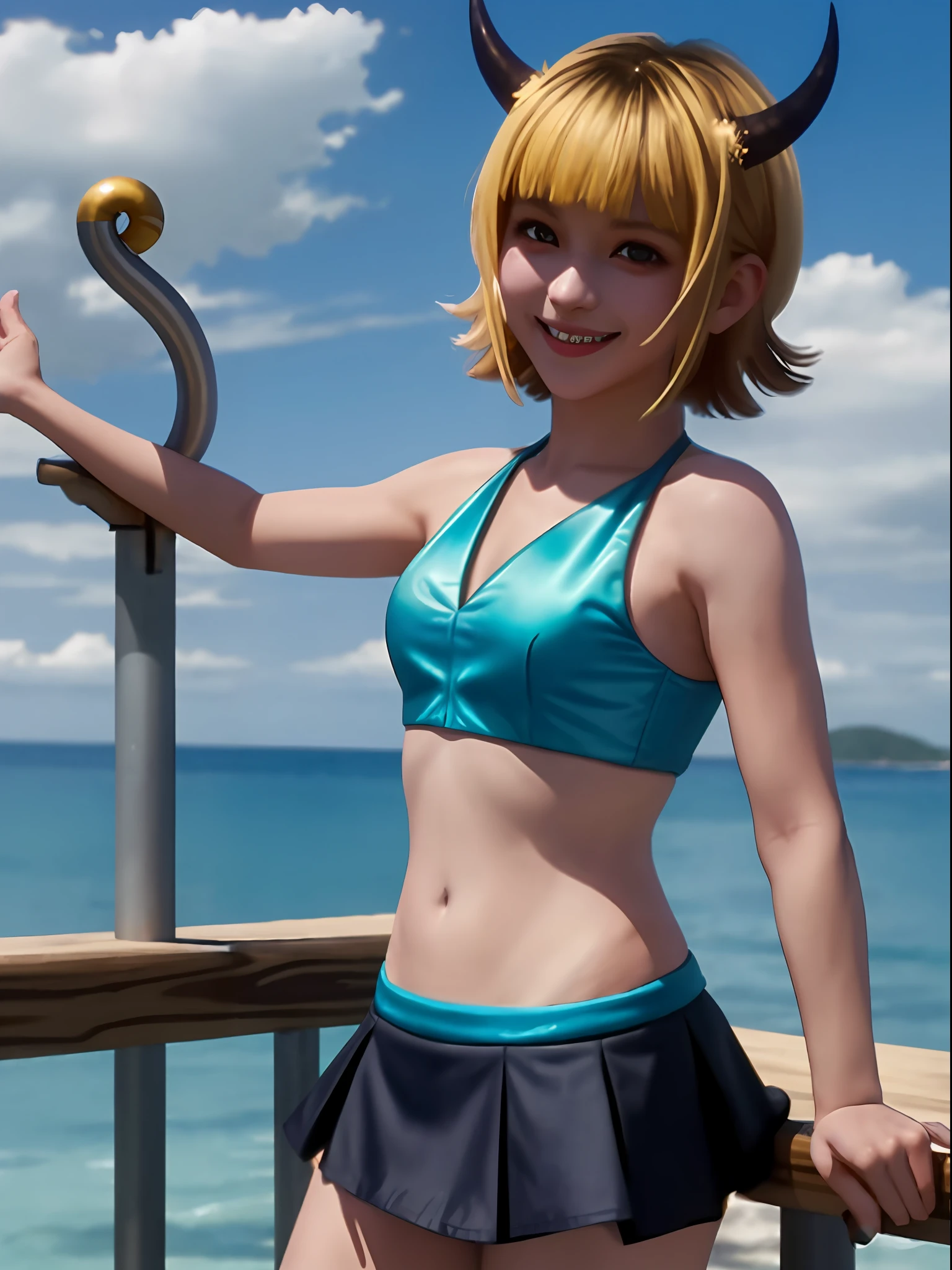 memcho, solo, one girl, blonde, sleeveless, small horn, uniform, mini skirt, short hair, bikini, blue bikini, smile, sea,