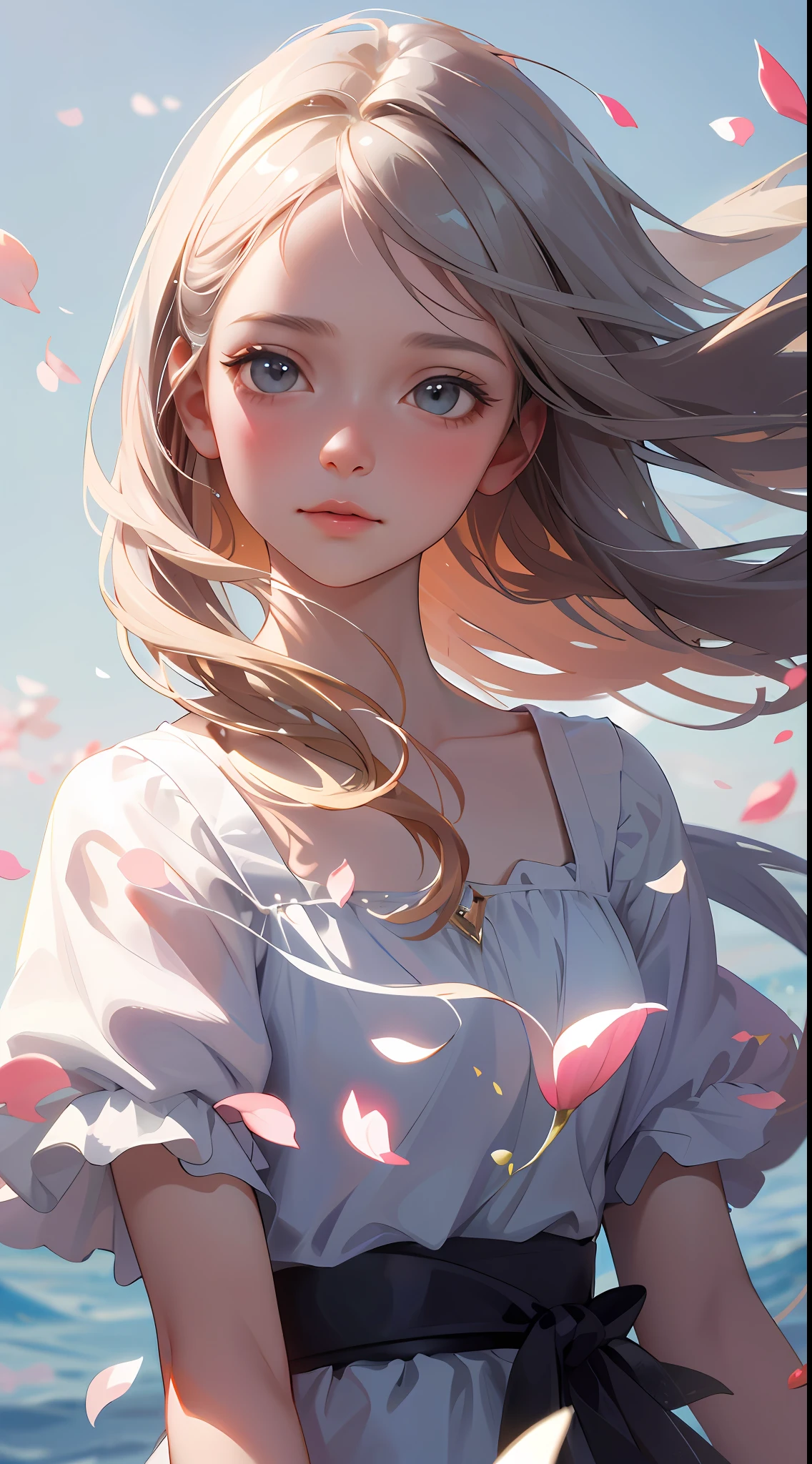 (best quality, masterpiece, ultra-realistic), 1 beautiful and delicate portrait of a girl, playful and cute, with floating petals in the background