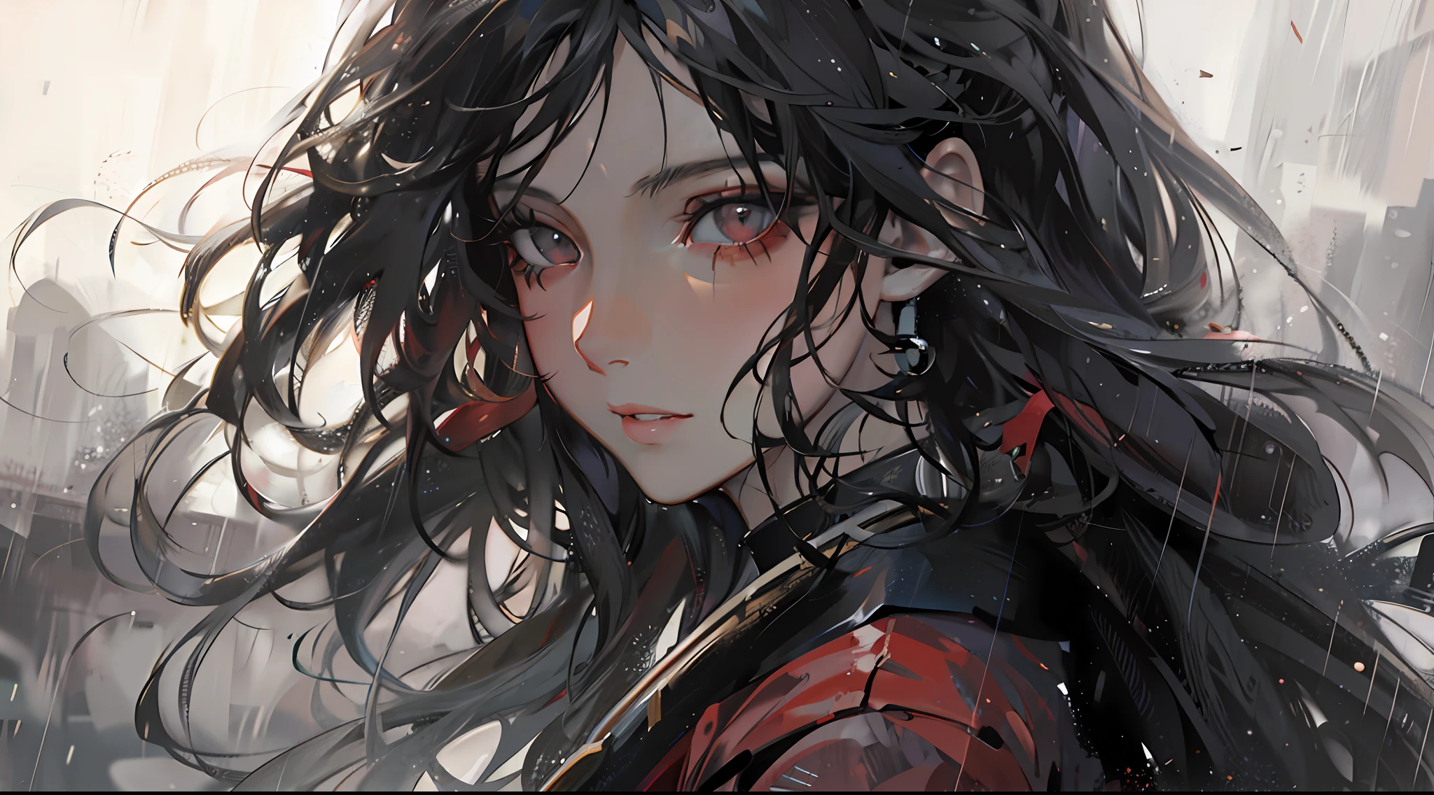 anime girl with long black hair and red shirt in the rain, detailed portrait of anime girl, stunning anime face portrait, artwork in the style of guweiz, guweiz, detailed digital anime art, beautiful anime portrait, 8k high quality detailed art, anime style 4 k, by Yang J, beautiful anime face, portrait of an anime girl, portrait anime girl