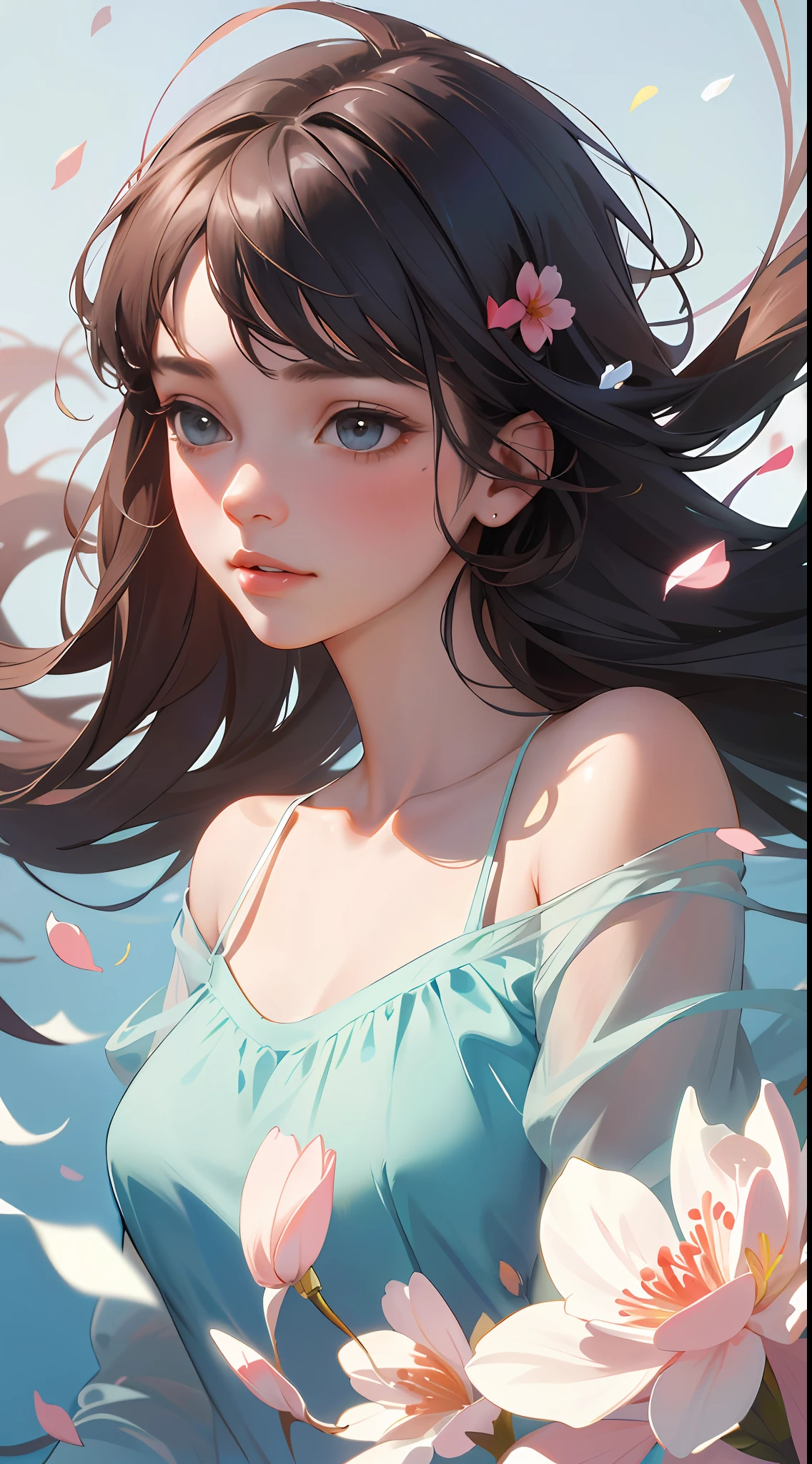 (best quality, masterpiece, ultra-realistic), 1 beautiful and delicate portrait of a girl, playful and cute, with floating petals in the background