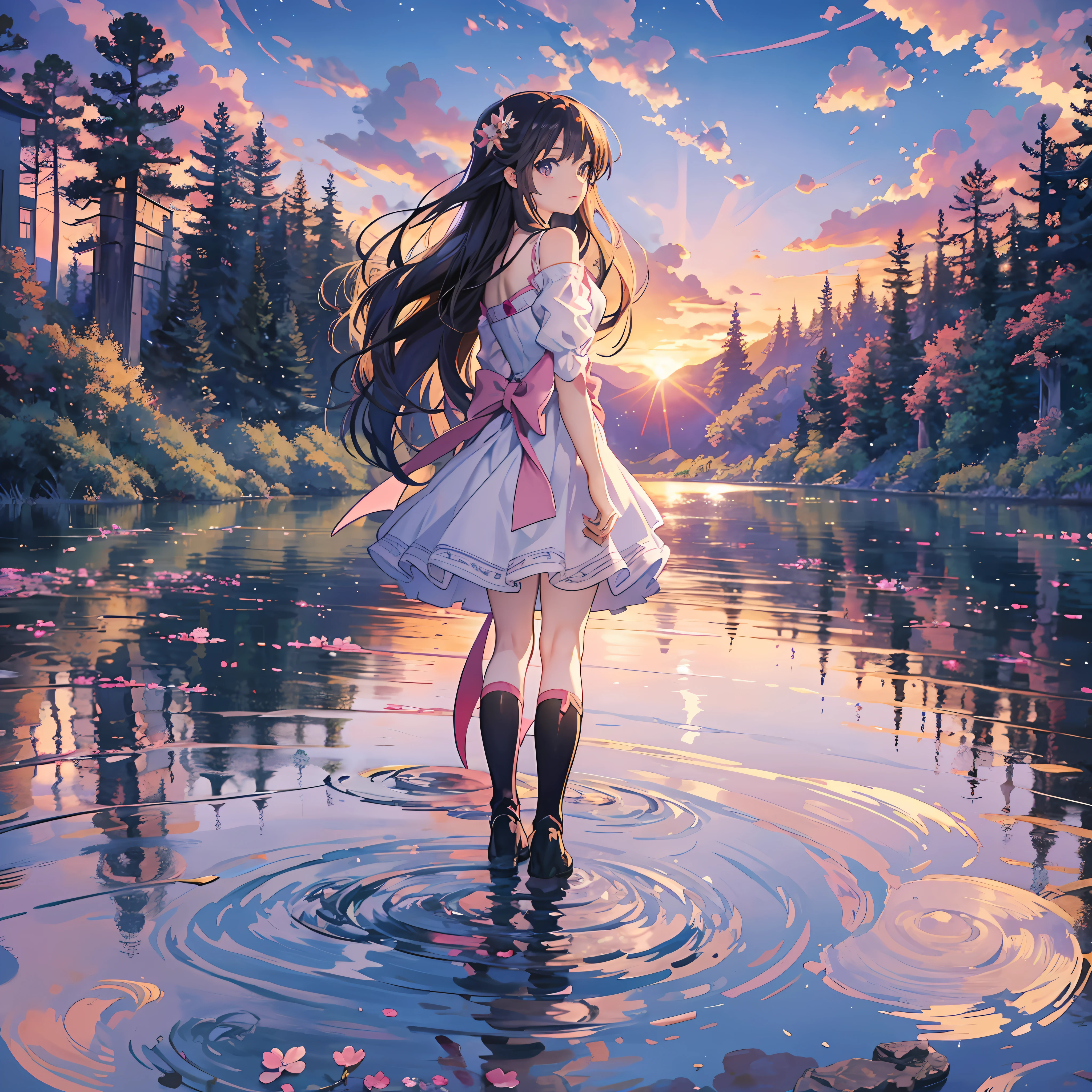 anime girl in a white dress standing in a lake with a sunset in the background, anime girl walking on water, beautiful anime, beautiful anime artwork, beautiful anime art, anime beautiful peace scene, official artwork, anime style 4 k, beautiful fantasy anime, beautiful anime scene, beautiful anime scenery, she is walking on a river, official art, beautiful anime art style