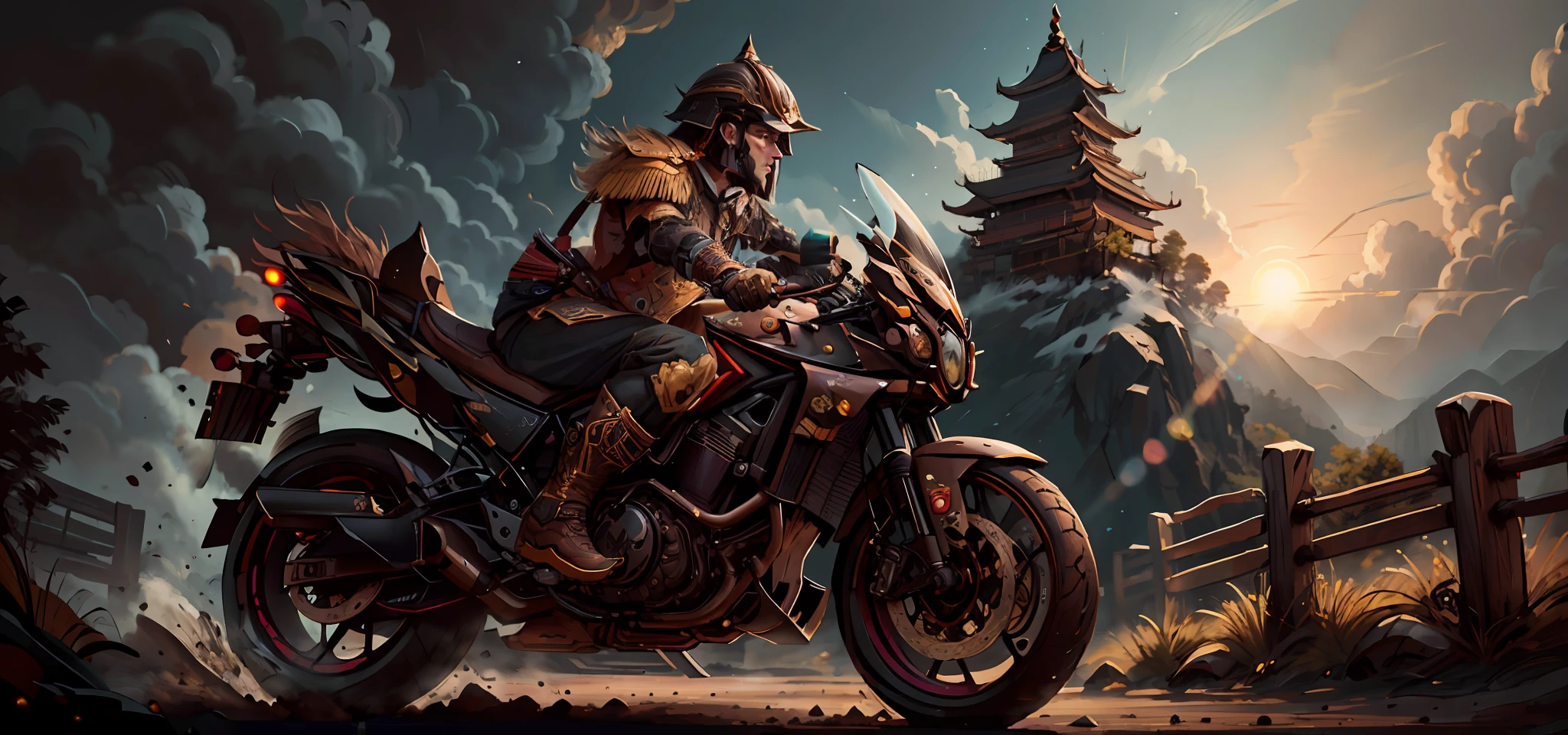 JavaPunkAI, man, wearing chinoiserie armor, ((wearing dark brown helmet)), motorcycle riding, on mountain road, background more with bright sunset over ocean, fast moving, motion blur, backlight, low profile, silhouette, warm color, movie composition, best quality, 4k, 8k, super high resolution, sharp focus, intricate textures, 200mm f4 lens