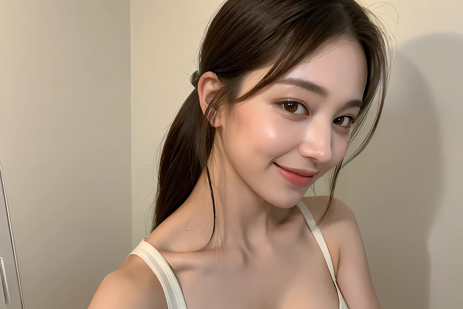 ((Best quality, 8k, Masterpiece :1.3)), 1girl, beautiful woman with emphasis on slim abs: 1.3, (casual hairstyle, big breasts: 1.2), casual wear: 1.2, interior, ultra-detailed face, delicate eyes, double eyelids, soft breasts, smile, exposed cleavage